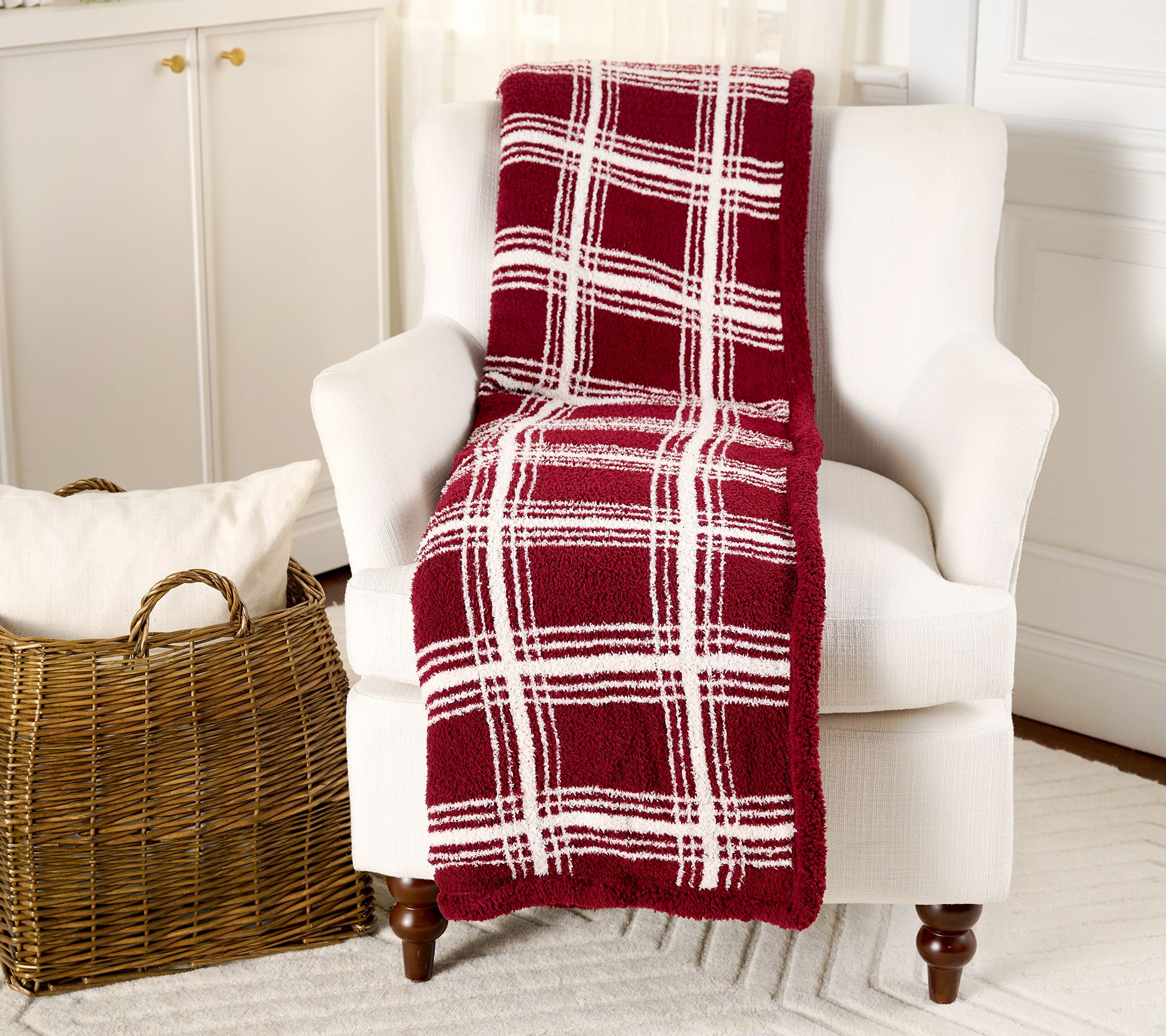60" x 70" Feather Knit w/ Sherpa Plaid Throw with Bag by Kim Gravel