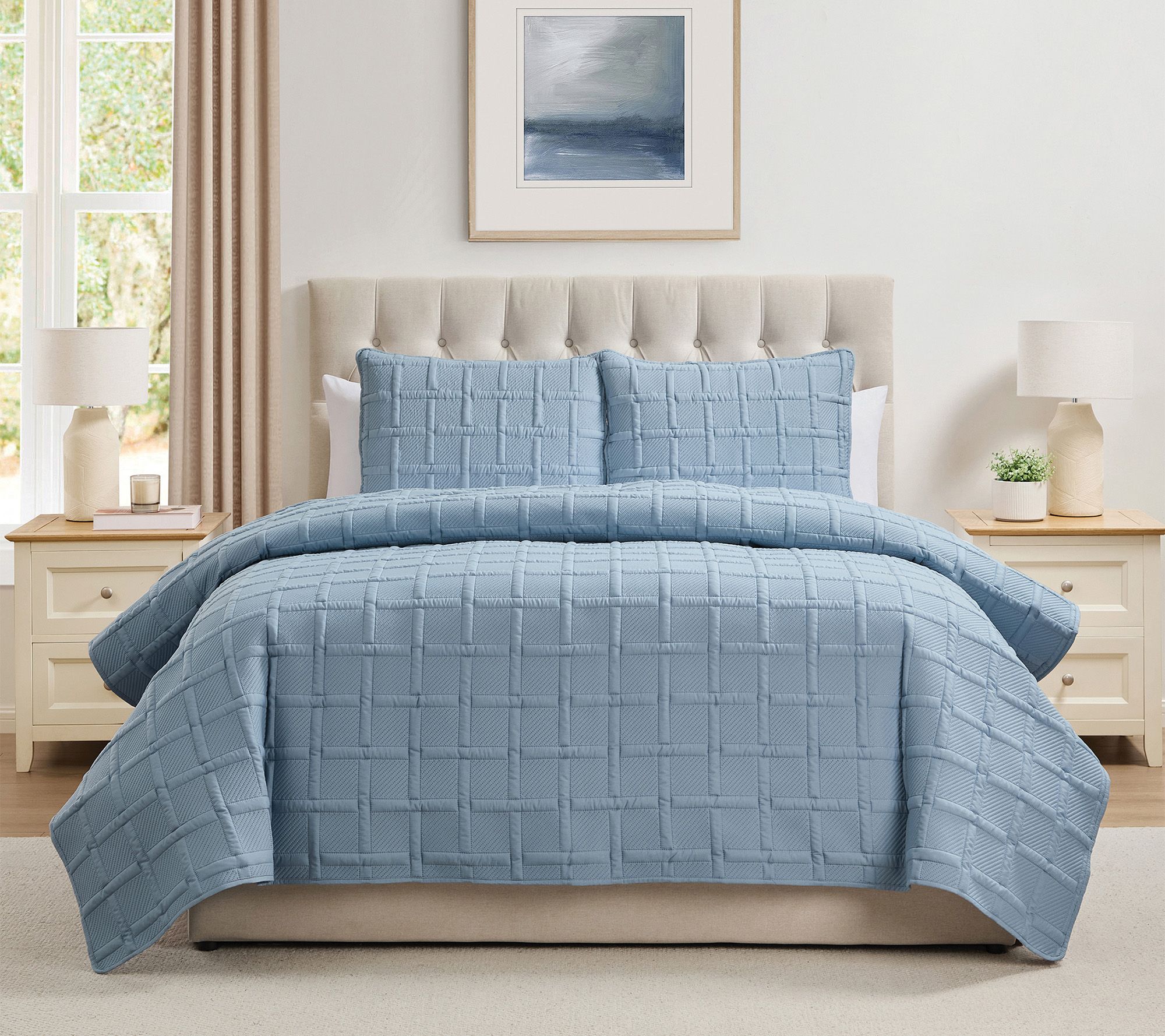 VCNY Home Solid 3pc Square Textured Quilt Set,ull/ Queen