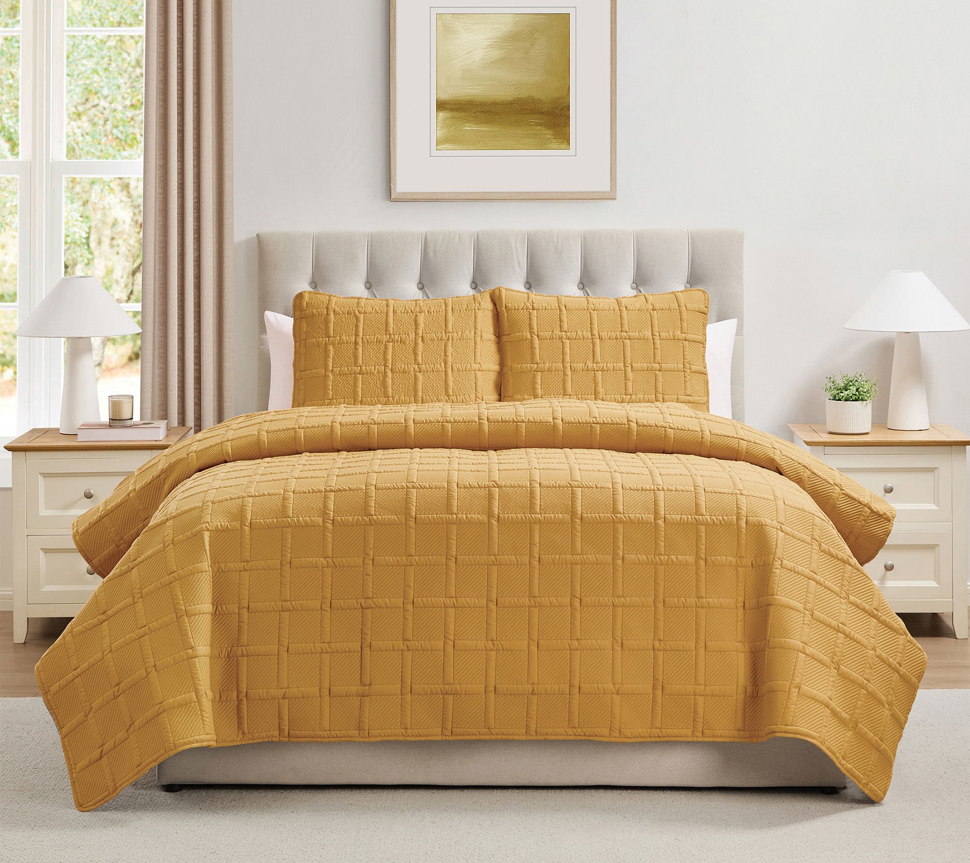 VCNY Home Solid 3pc Square Textured Quilt Set,ull/ Queen