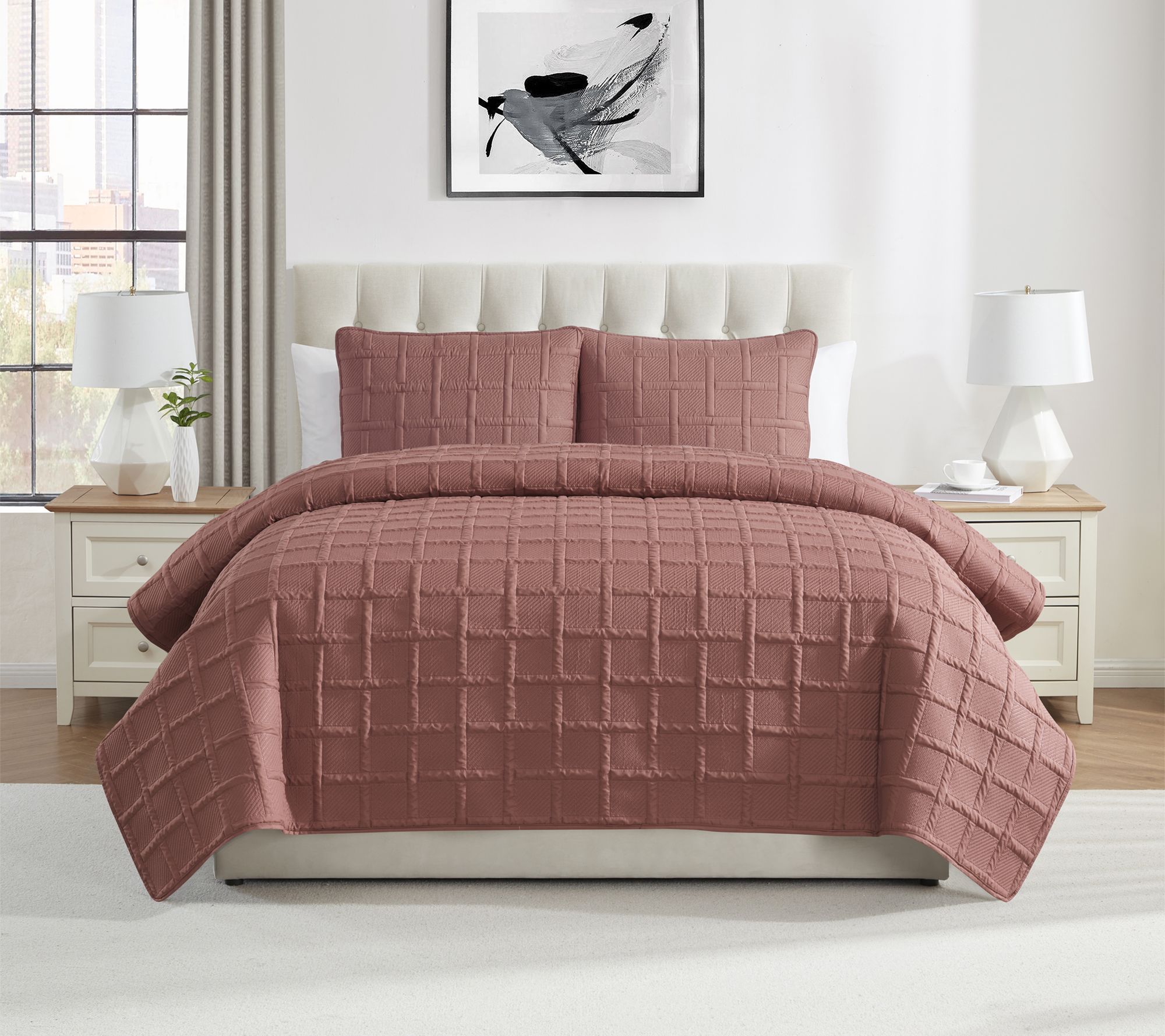 VCNY Home Solid 3pc Square Textured Quilt Set,ull/ Queen