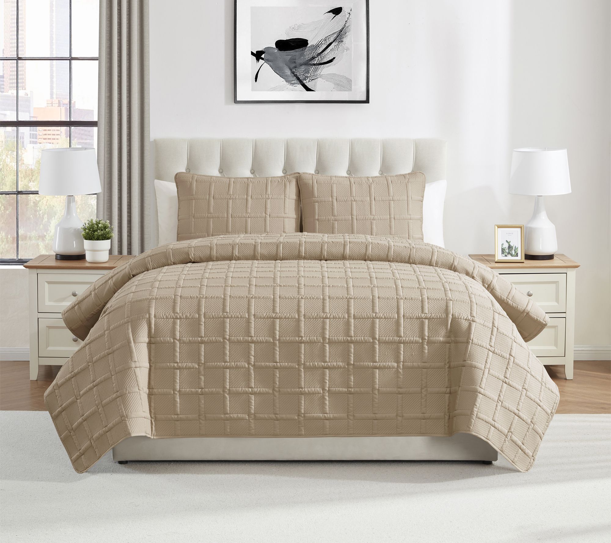 VCNY Home Solid 3pc Square Textured Quilt Set, Full/ Queen