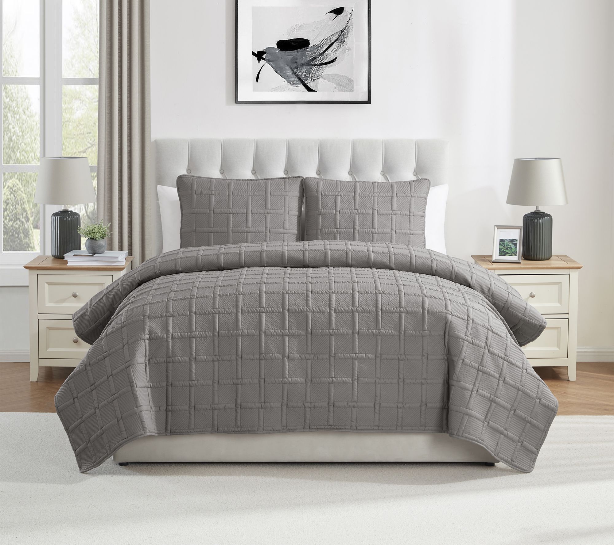 VCNY Home Solid 3pc Square Textured Quilt Set,ull/ Queen