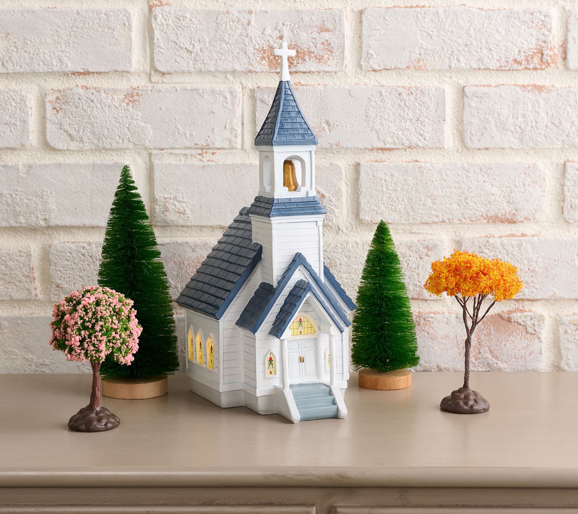 Illuminated Church with 4 Seasonal Trees by Valerie