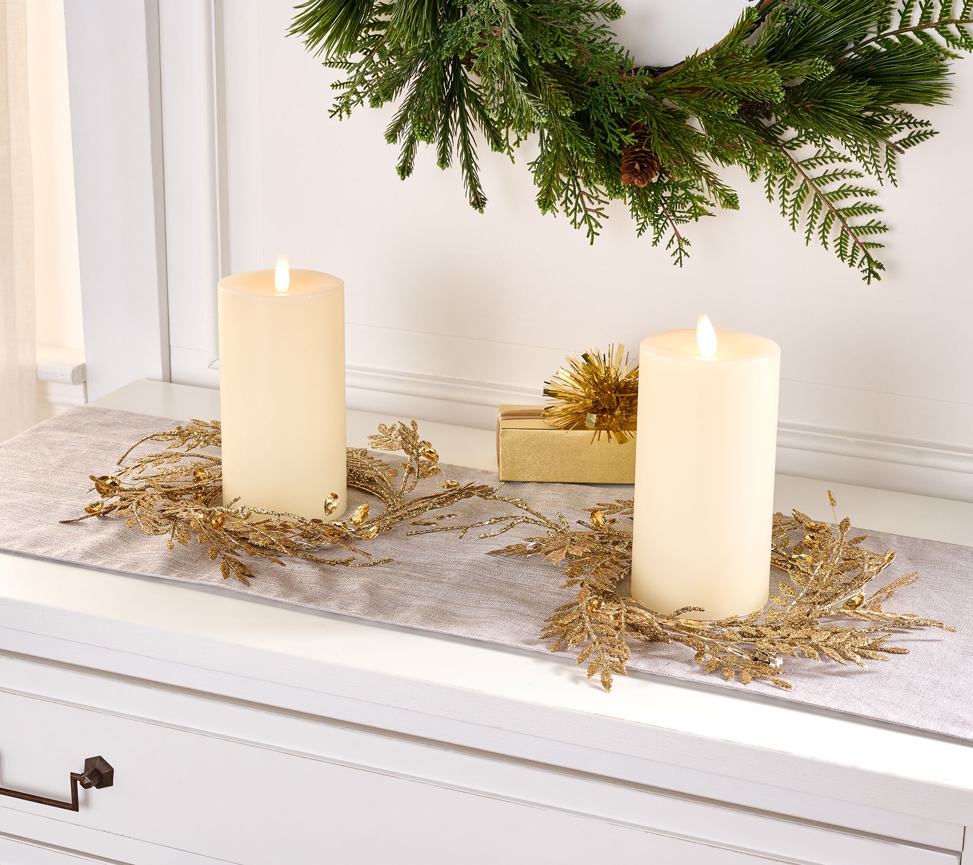 Set of 2 Glittered Leaf & Faceted Gem Candle Rings by Valerie