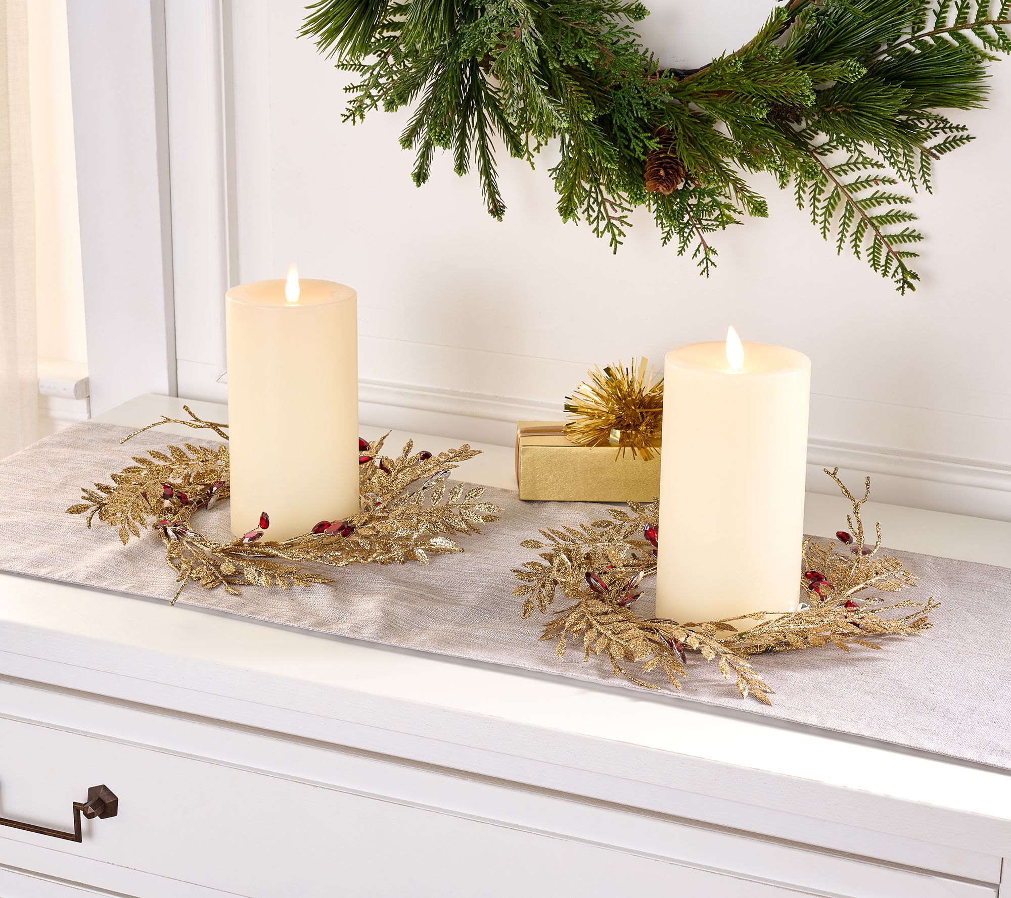 Set of 2 Glittered Leaf & Faceted Gem Candle Rings by Valerie