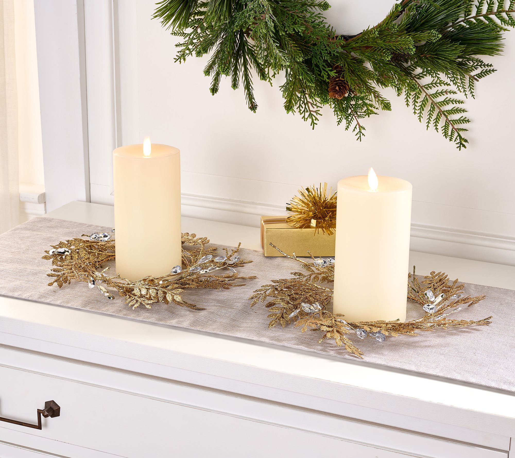 Set of 2 Glittered Leaf & Faceted Gem Candle Rings by Valerie