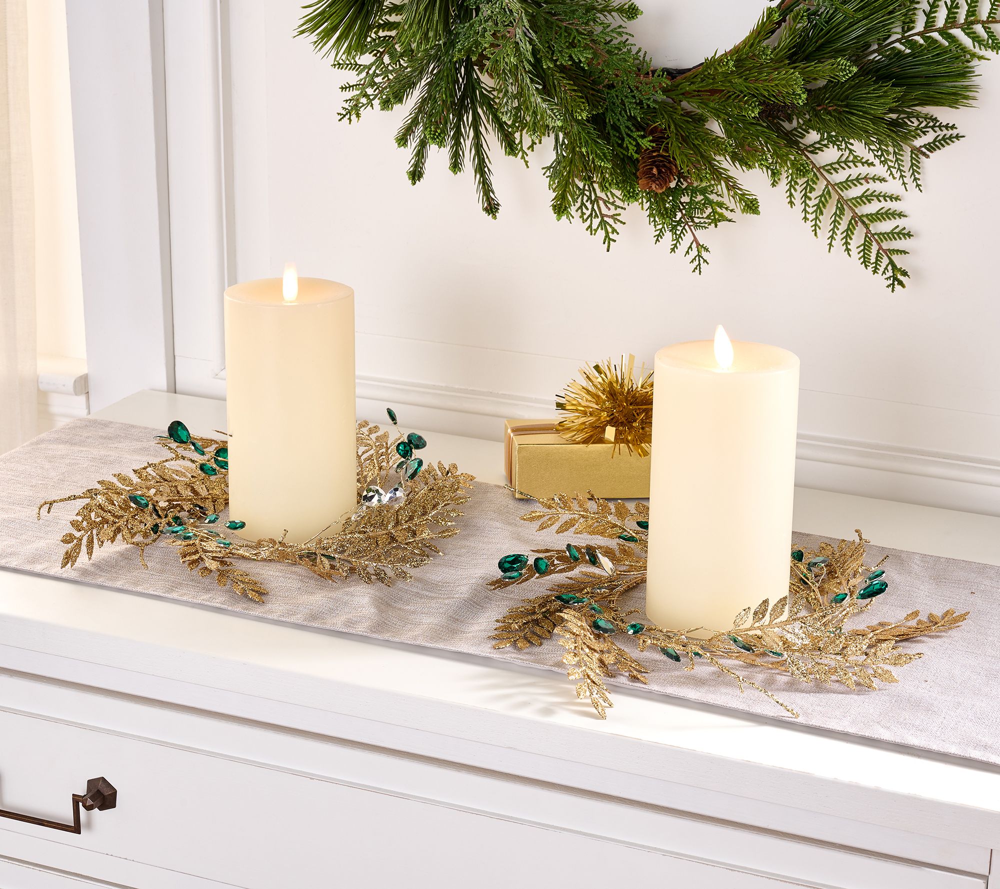 Set of 2 Glittered Leaf & Faceted Gem Candle Rings by Valerie
