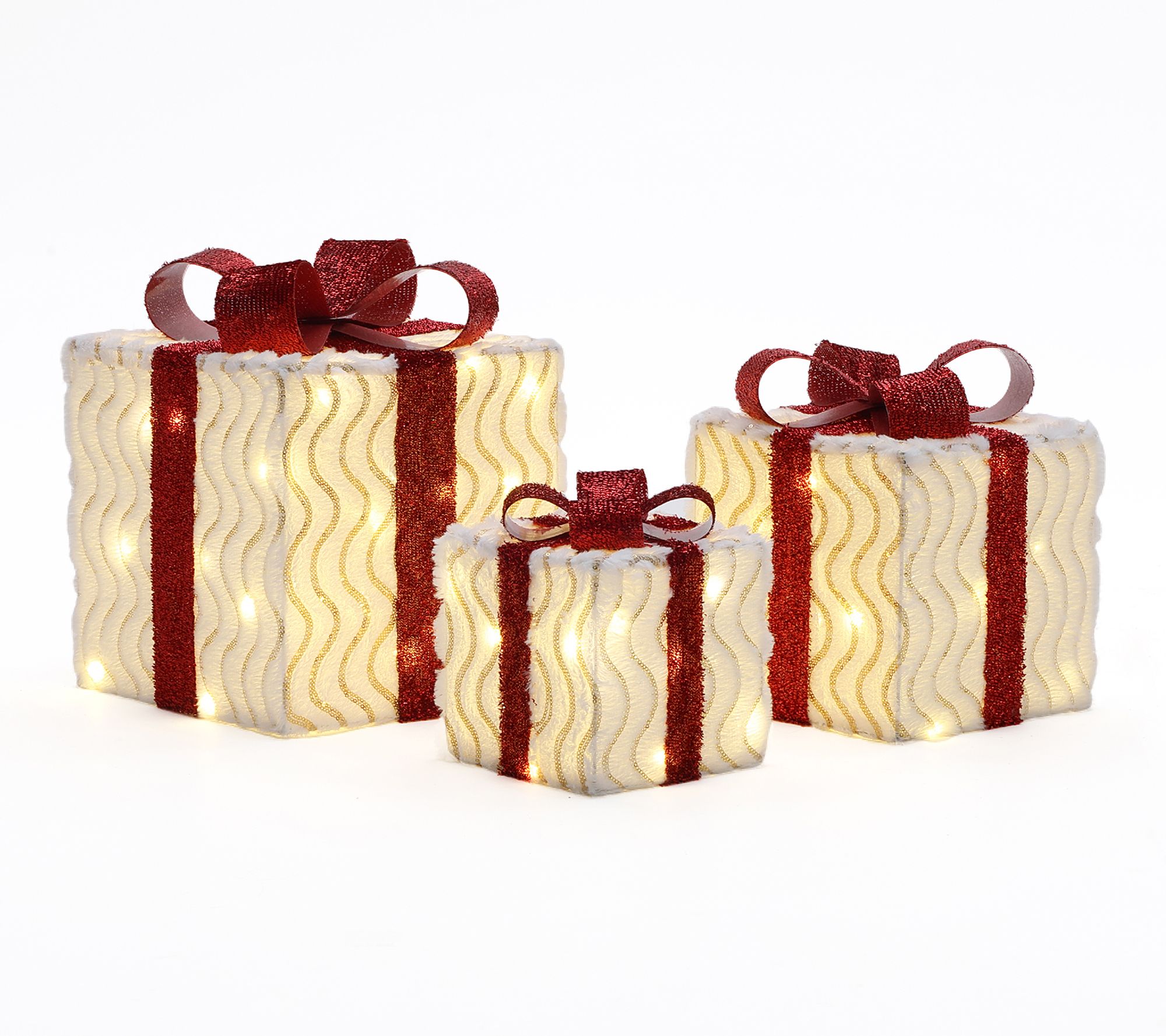 LuxenHome 3-Pc Pre-Lit Wavy-Design Gift Box w/ Ribbons & Bows