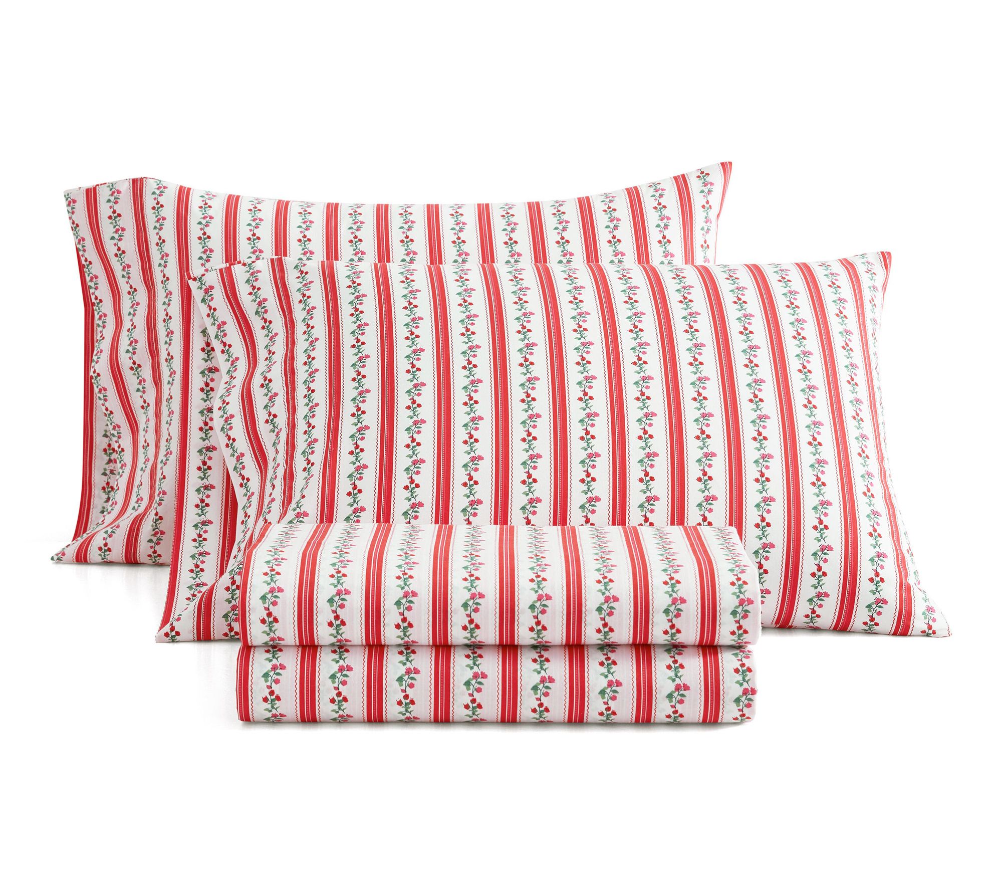 Martha Stewart Rose Ribbon White/Red Cotton Queen Sheet Set