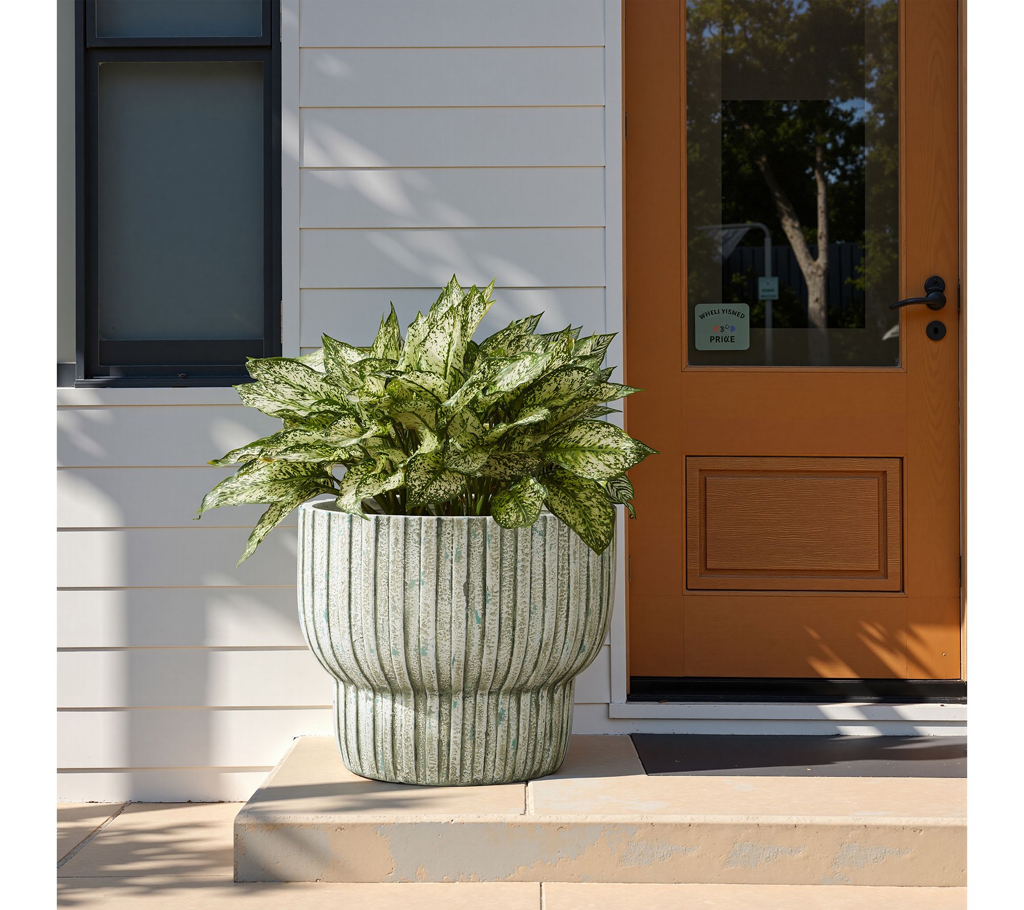 LuxenHome Distressed White w/ Green 16.1" RoundCement Planter