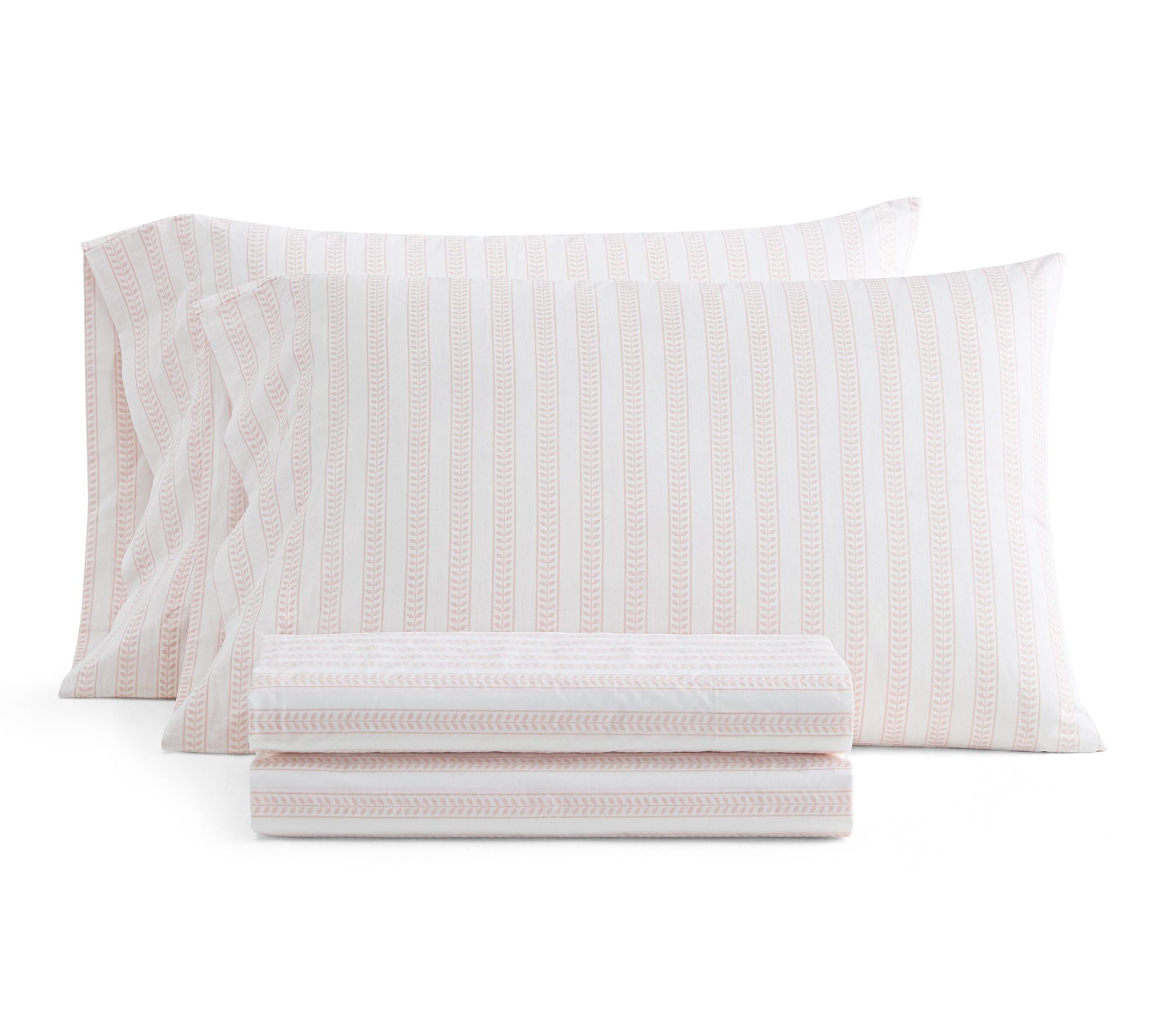 Martha Stewart Leaf Stripe White/Peach Cotton Full Sheet Set