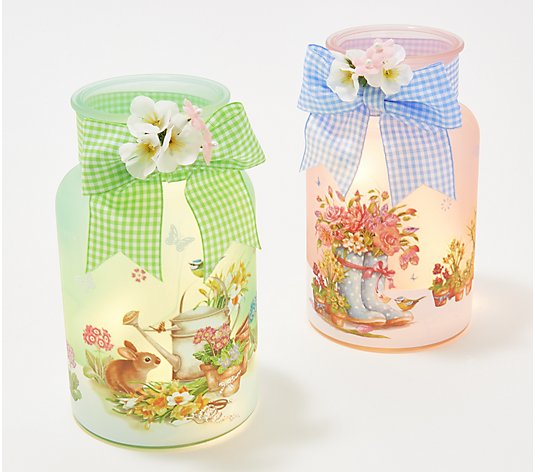Set of 2 Illuminated Milk Jugs with Checked Ribbon by Valerie