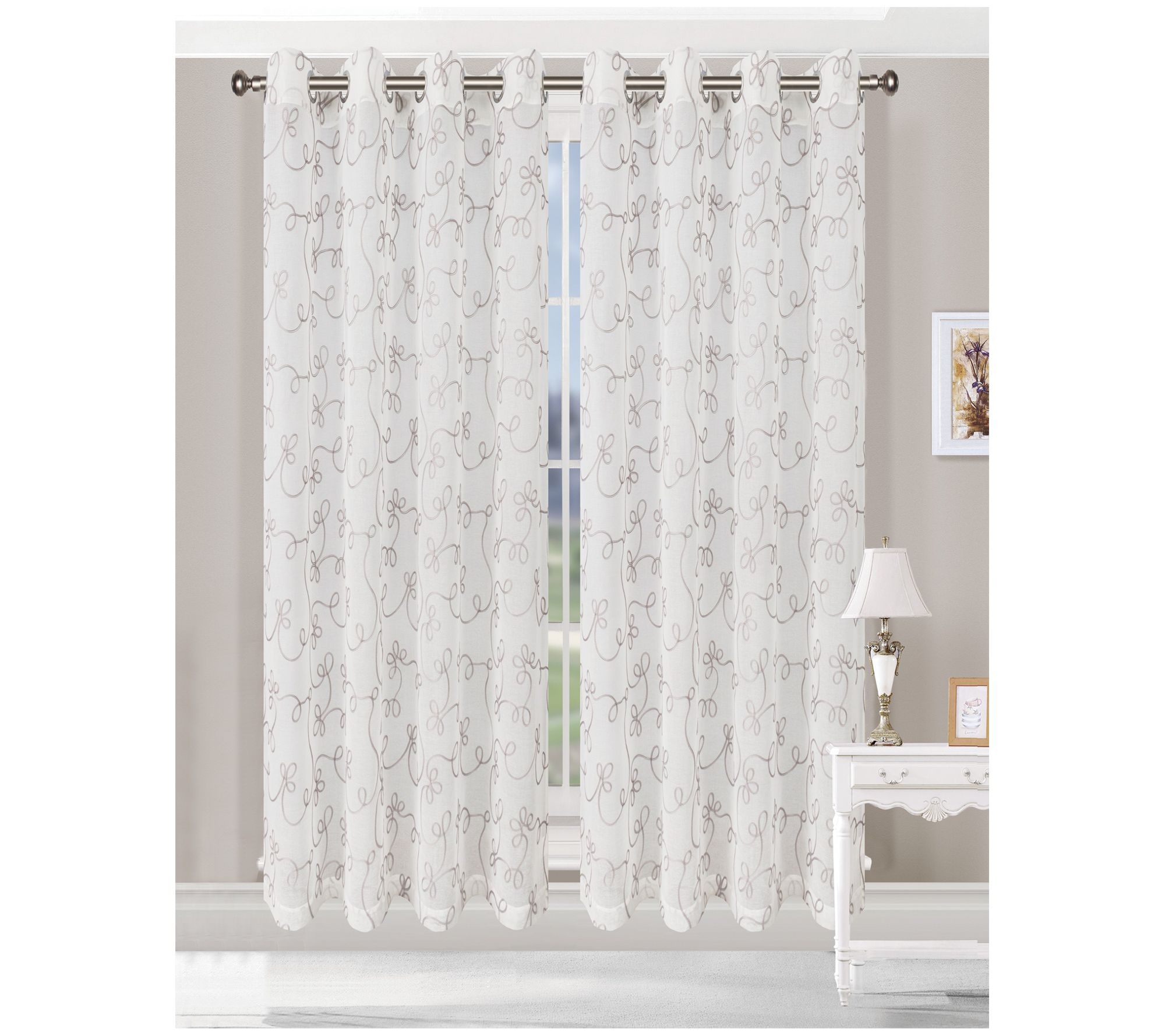 Superior Embroidered Scroll Sheer Grommet Curtains, 52" x 108"