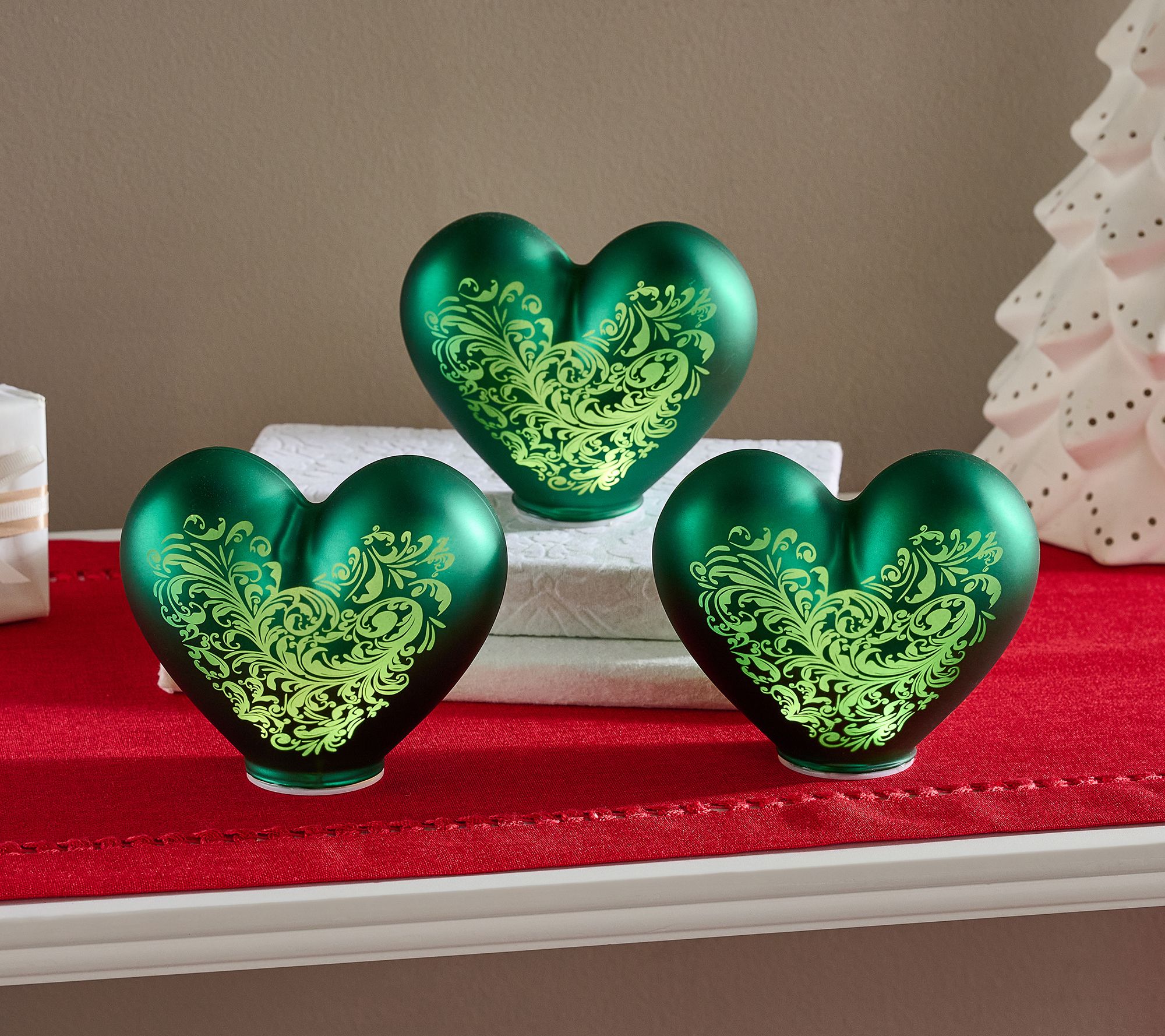 As Is Set of 3 Illuminated Scroll Glass Hearts by Valerie 
