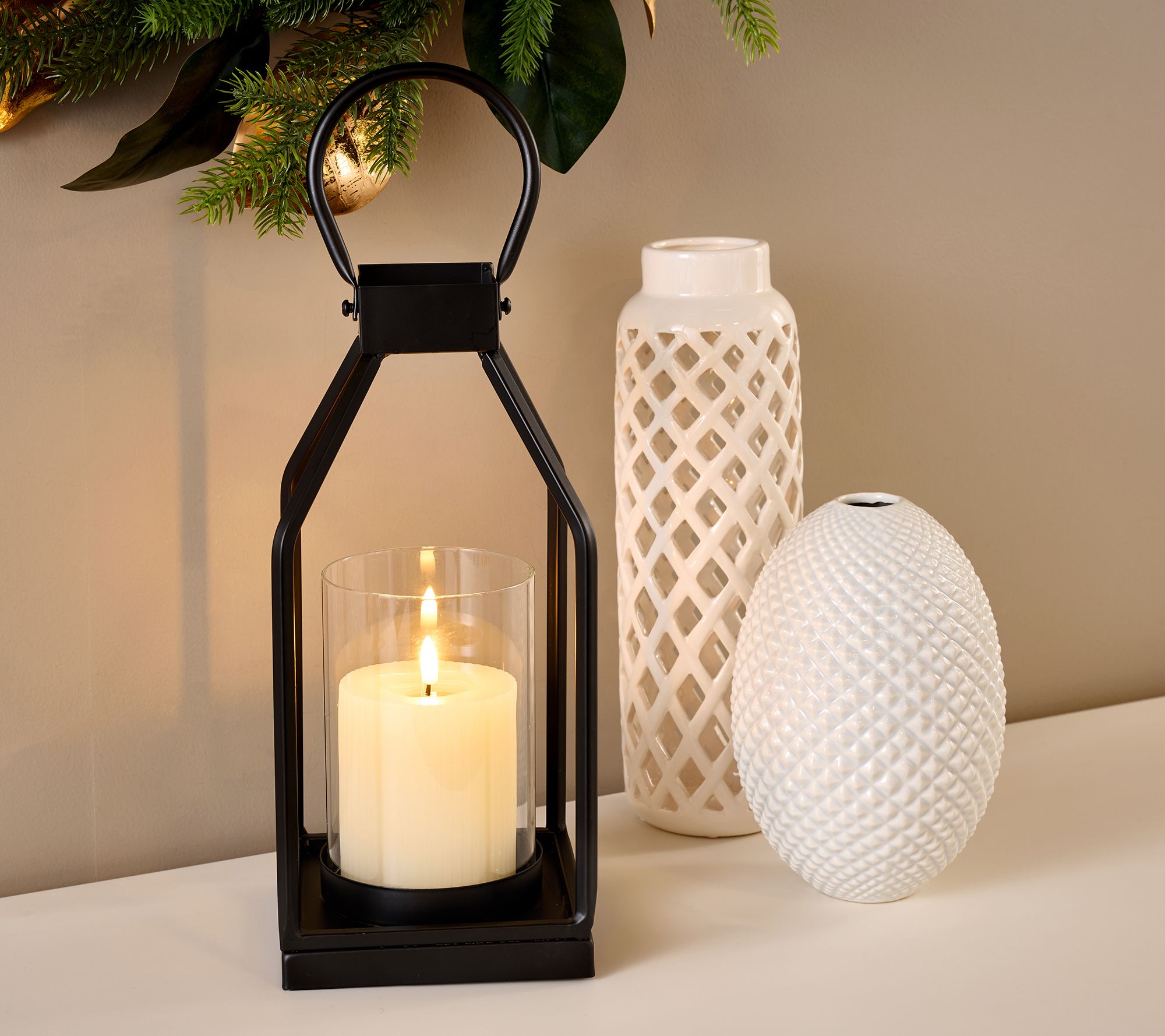 16" Metal Frame Lantern with Ribbed Candle by Kim Gravel