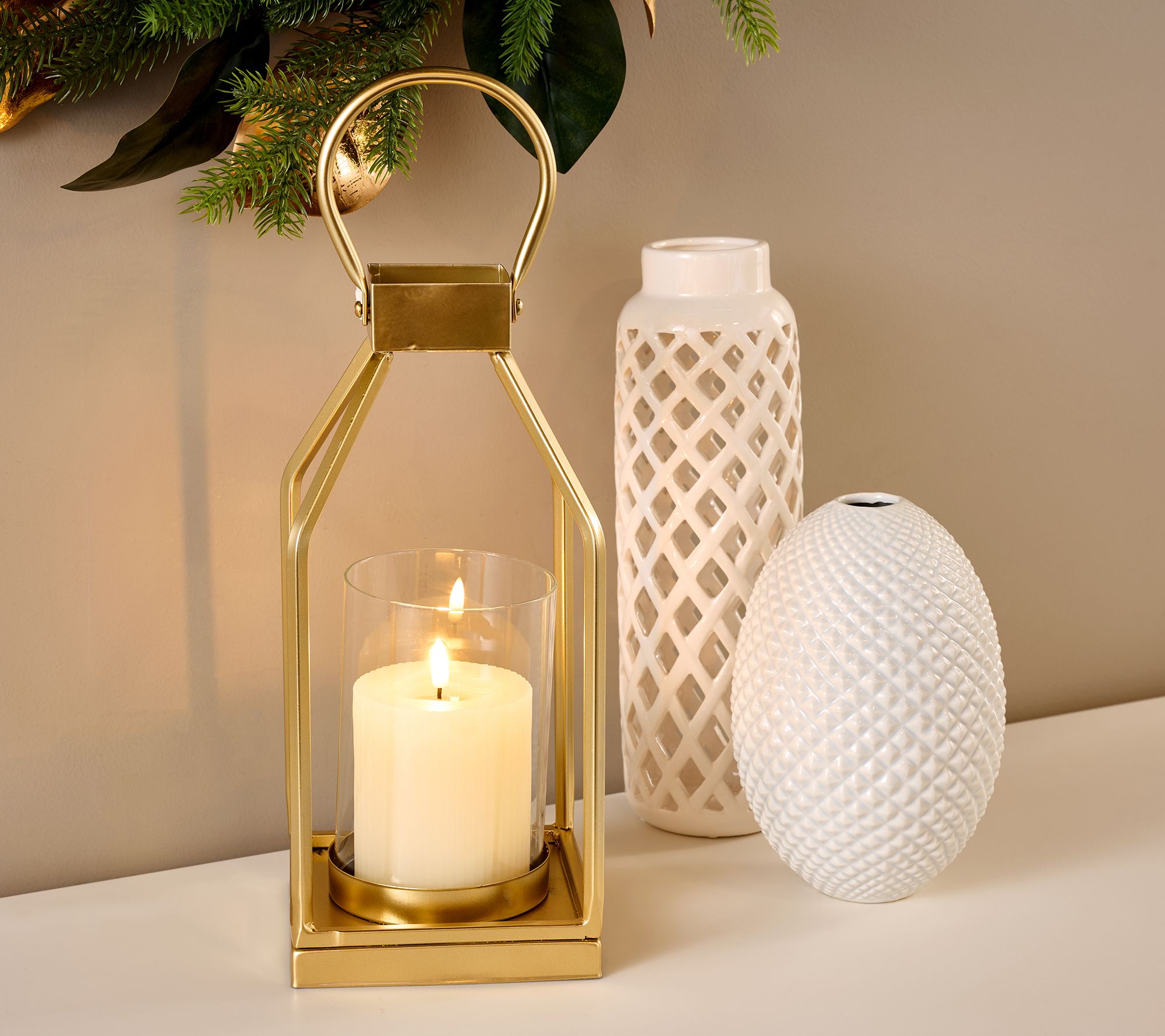 16" Metal Frame Lantern with Ribbed Candle by Kim Gravel
