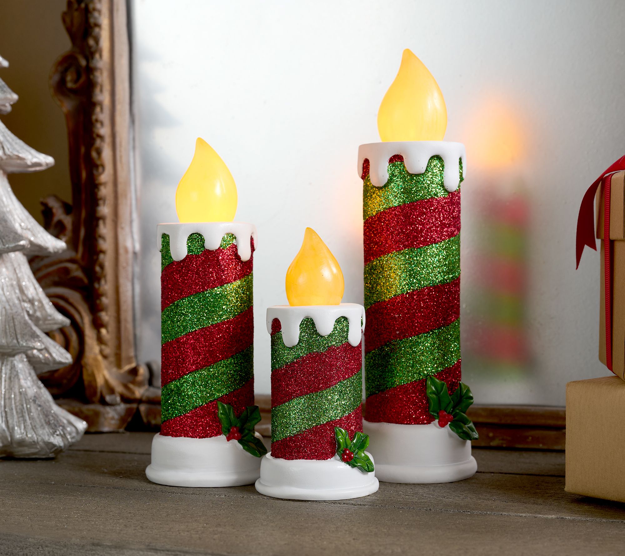 "As Is" Mr. ChristmaS Set of 3 Nostalgic Candle Trio with Holly