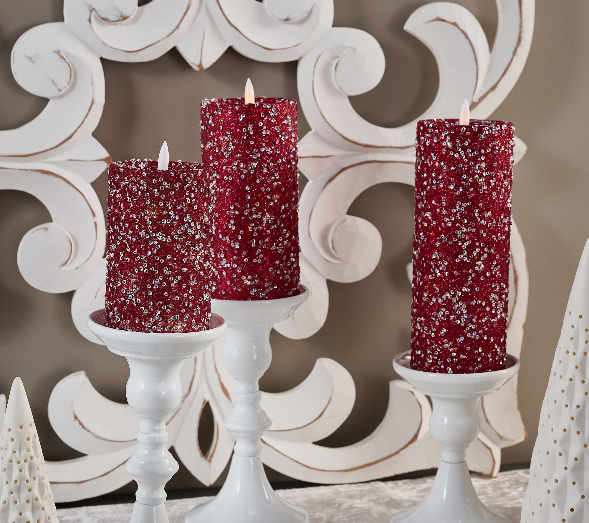 "As Is" Set of 3 Illuminated Beads & Sequins Pillar Candles by Valerie