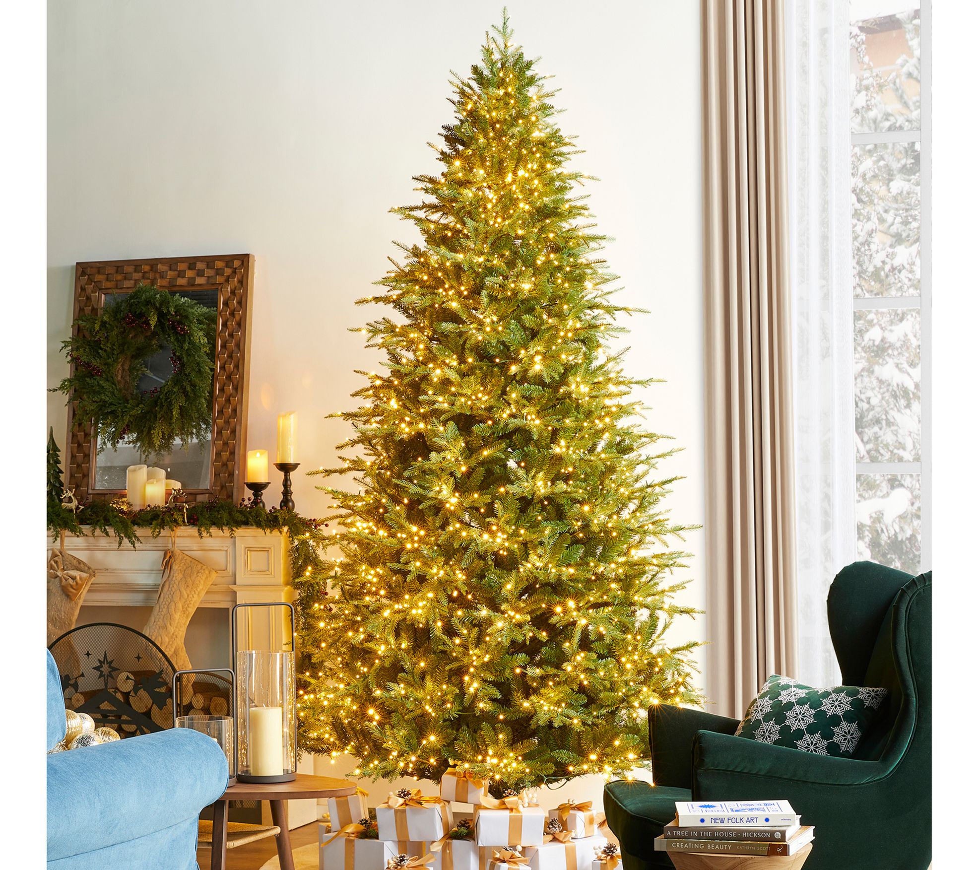 Glitzhome 9ft LED Pre-Lit Green Full Fir Faux Christmas Tree
