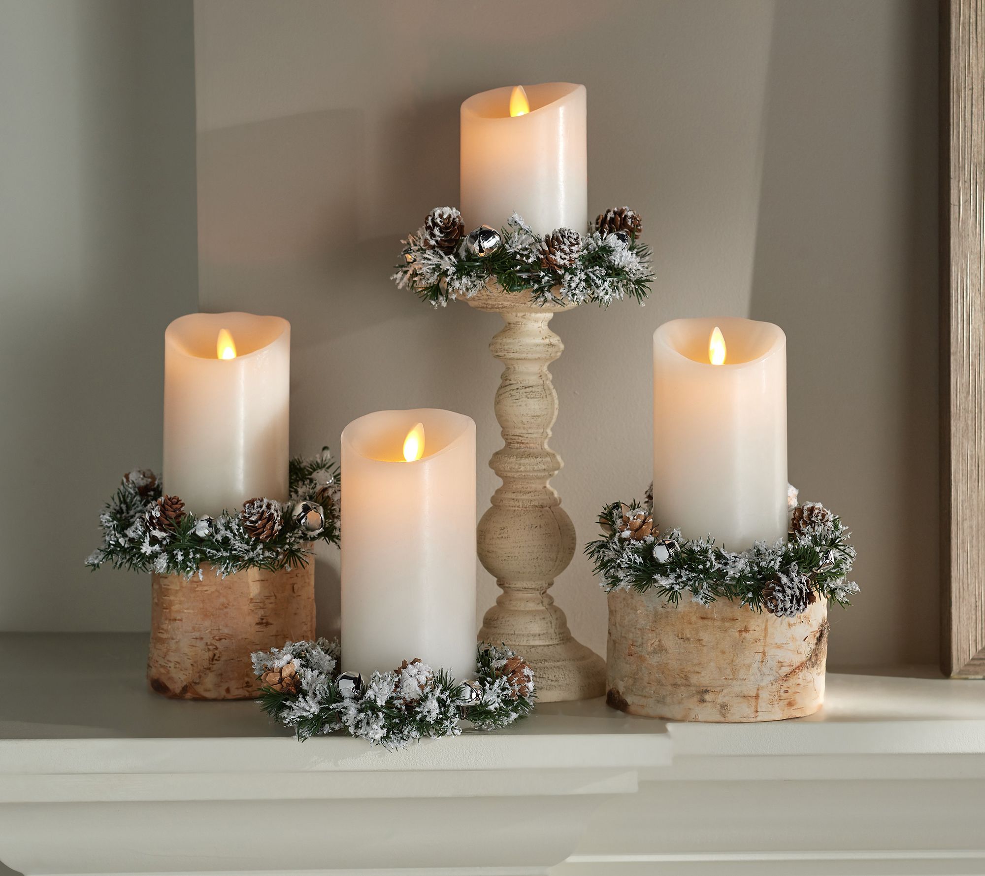 S/6 Snowy Jingle Bell and Pinecone Candle Rings by Valerie