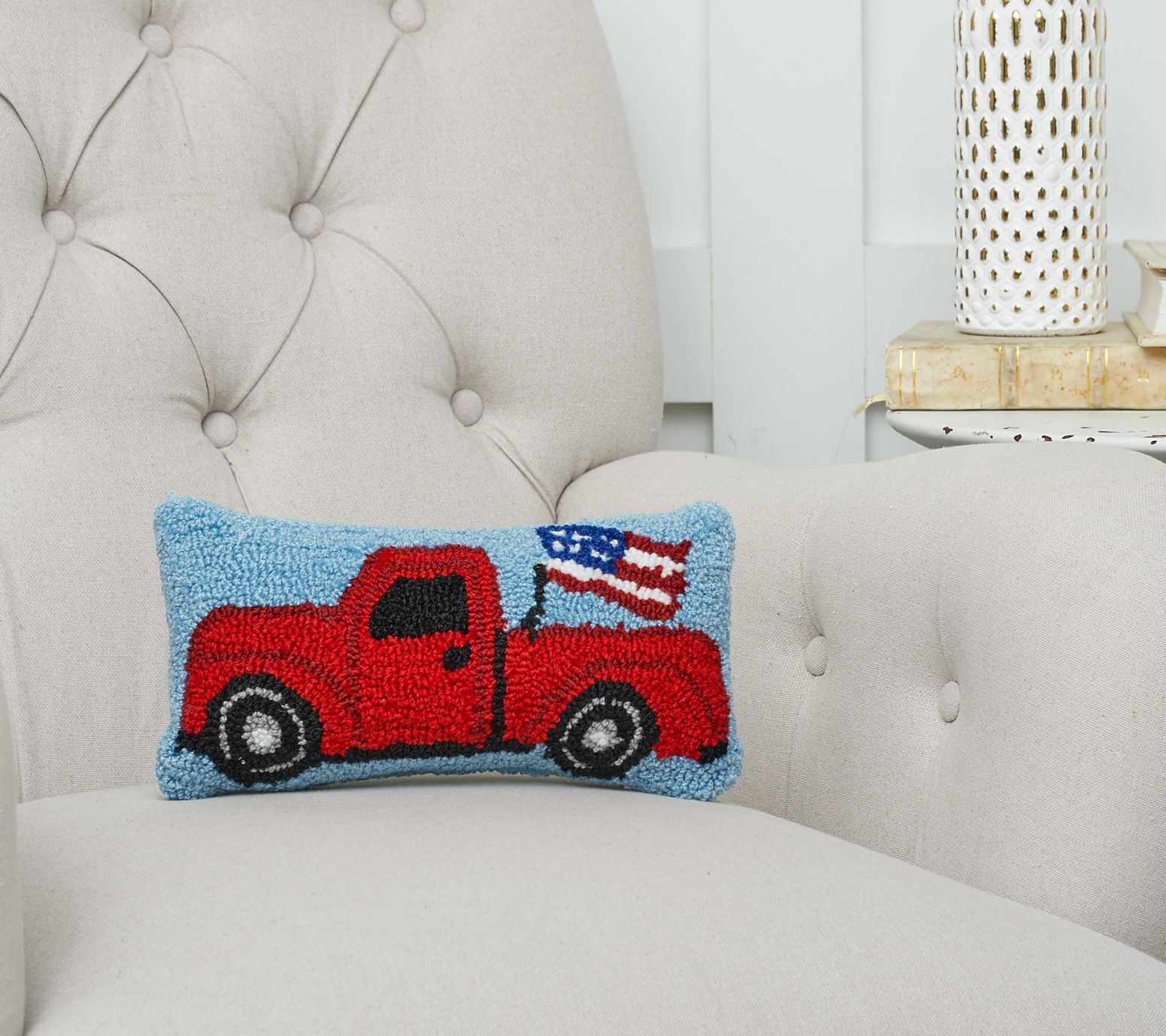 6 x 12 Patriotic Truck Hooked Americana Pillow by Valerie 