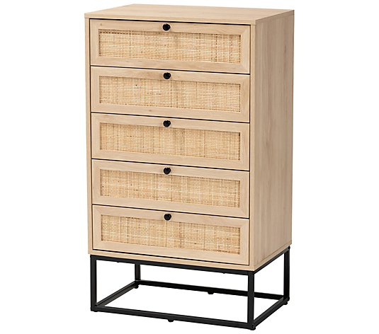 Amelia Wood and Natural Rattan 5-Drawer Storage Cabinet