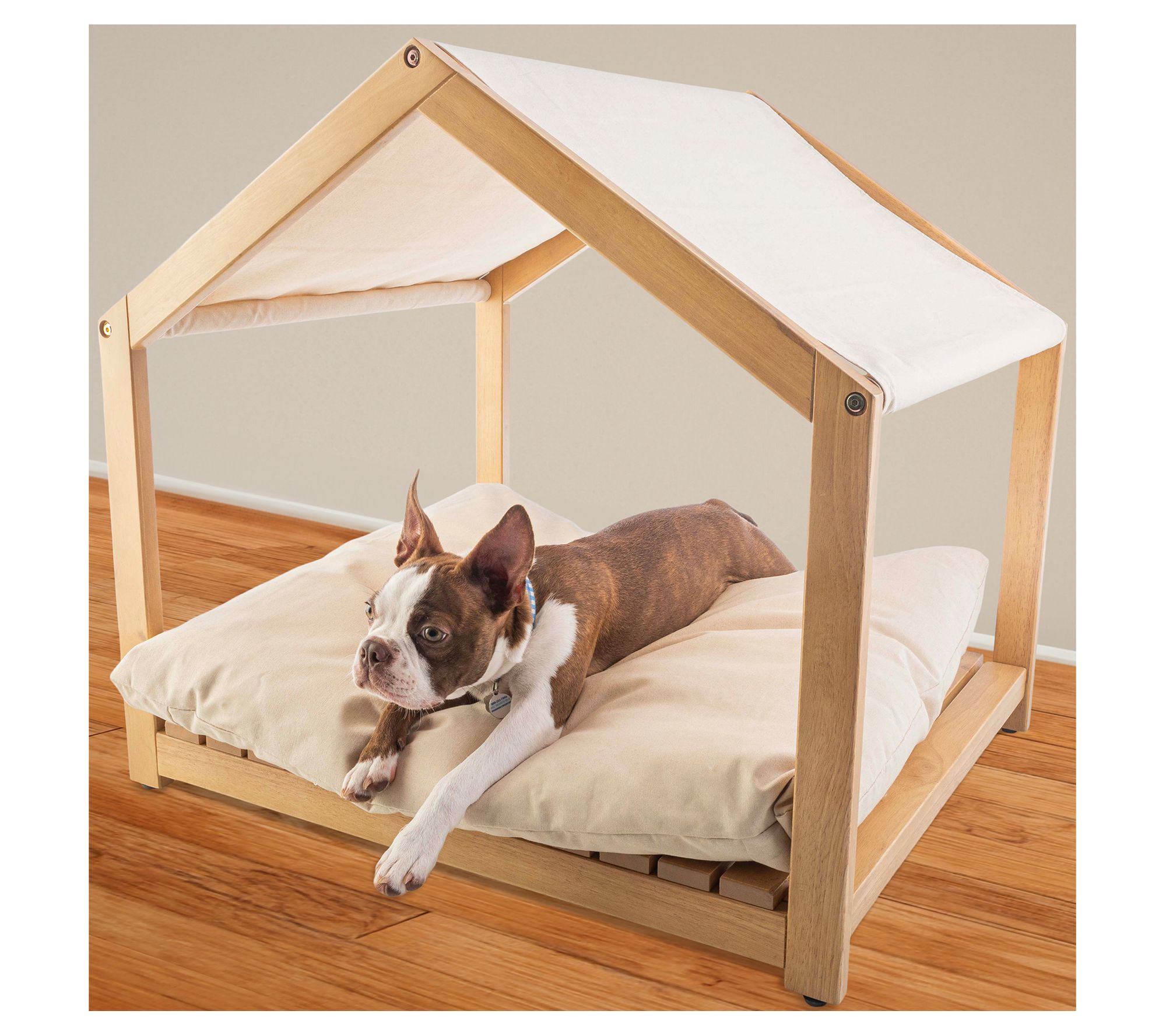 Petmaker Indoor Wood Dog House w/ Cushion & Adjustable Canopy