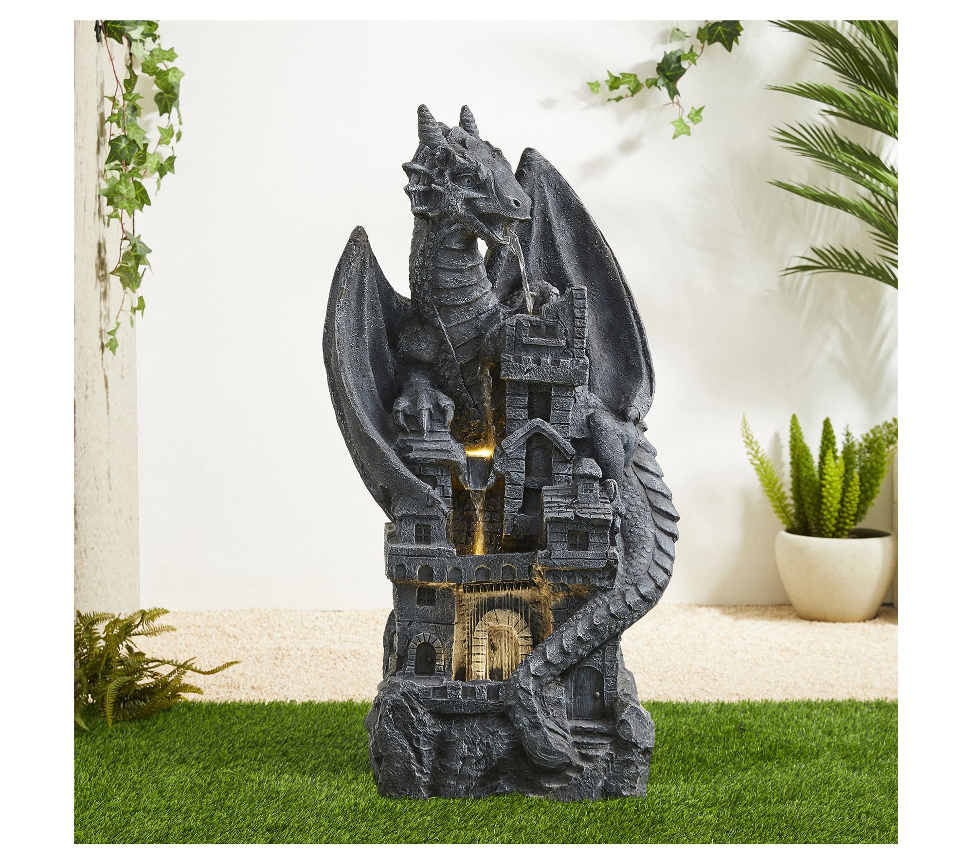 Glitzhome 37" Gothic Dragon Castle 4-Tier LED Outdoor Fountain