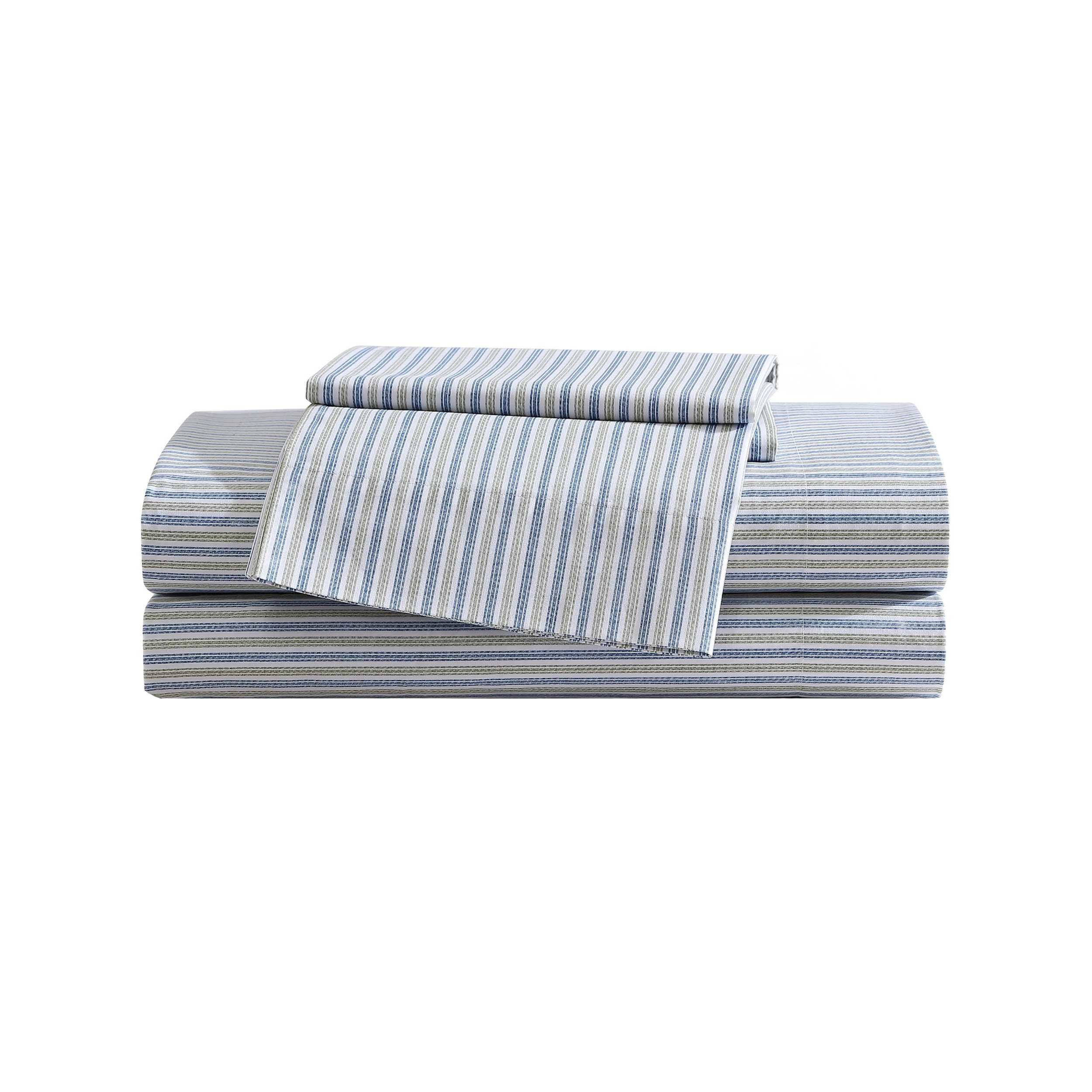 Eddie Bauer Ticking Stripe Navy Blue-Green KingSheet Set