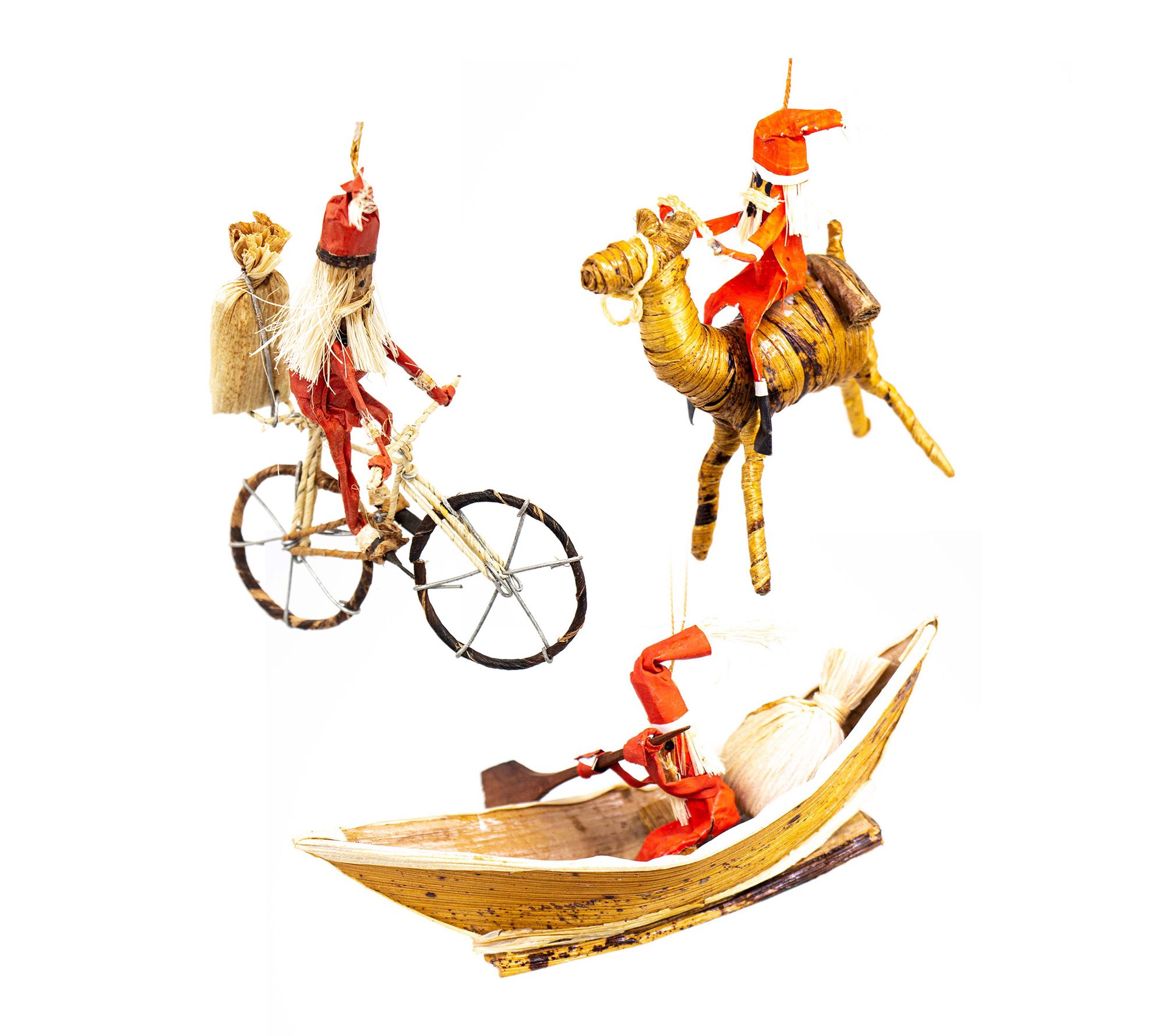 Global Crafts Santa on His Way! Banana Fiber Or nament Set of