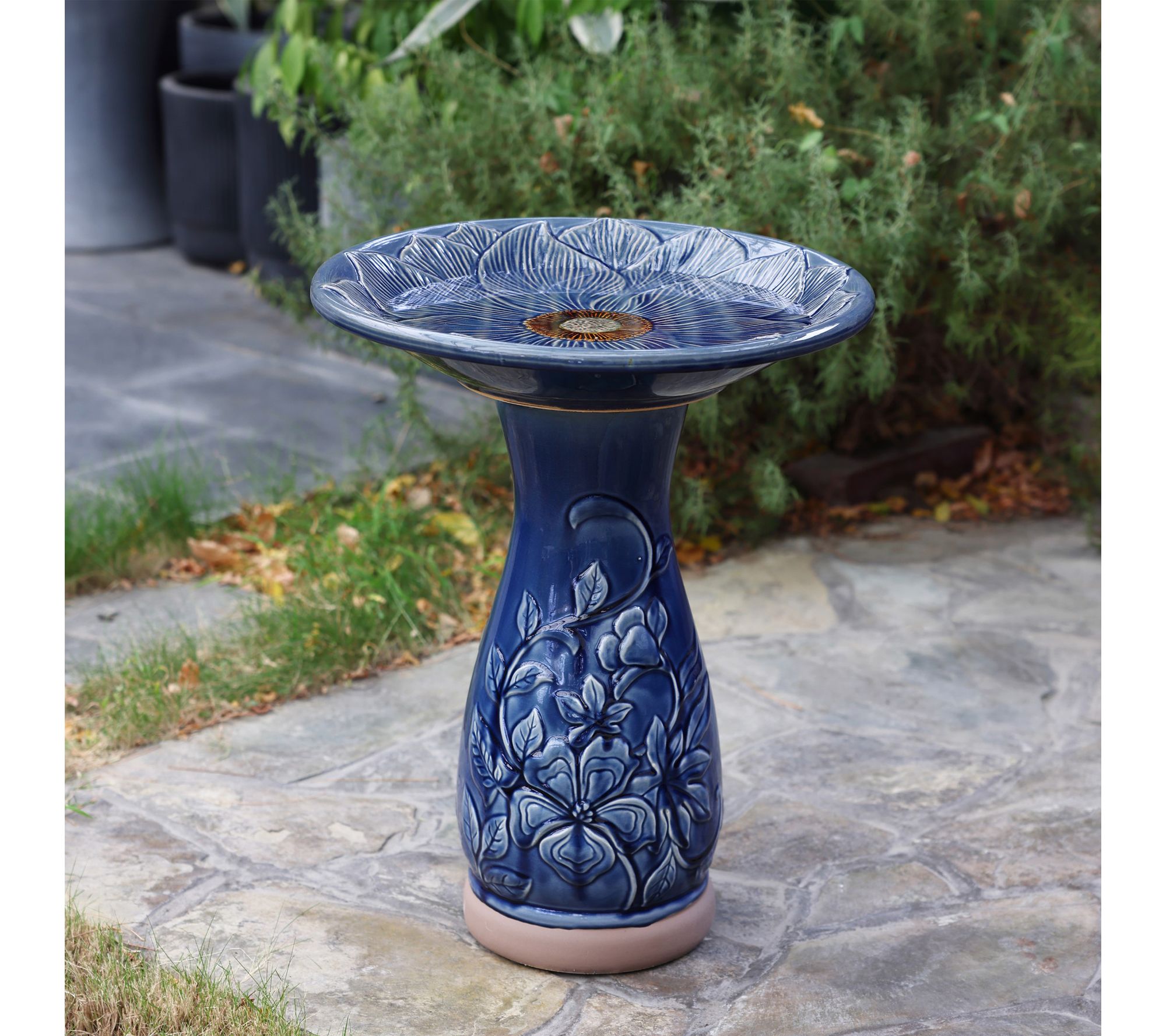 LuxenHome Blue Petals and Vines 22-Inch Tall Ceramic Birdbath
