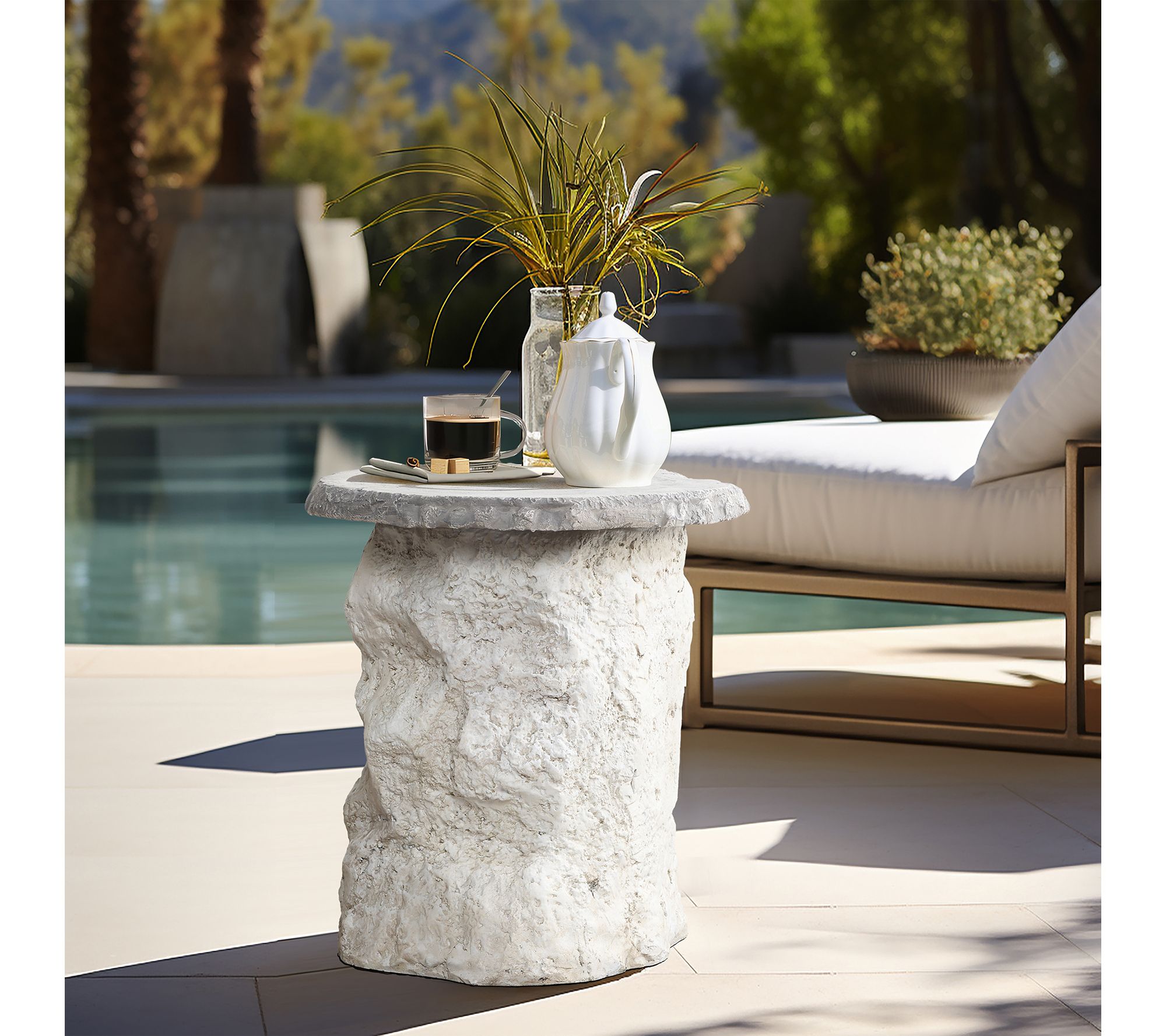 LuxenHome Off White Outdoor Side Table, 18.7" MgO Patio Accent