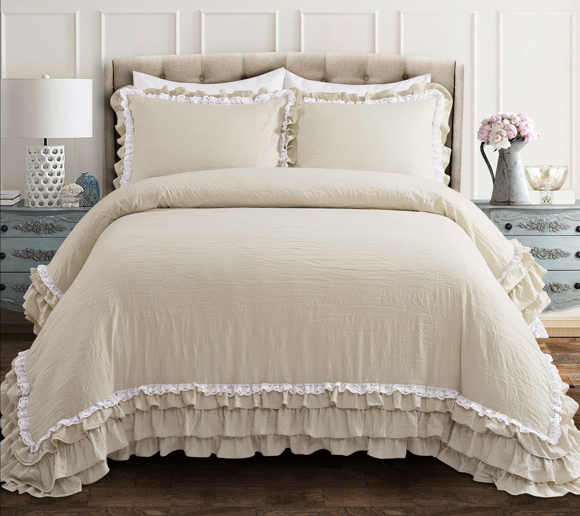 Ella Shabby Chic Ruffle Lace 3-Piece King Comforter Set