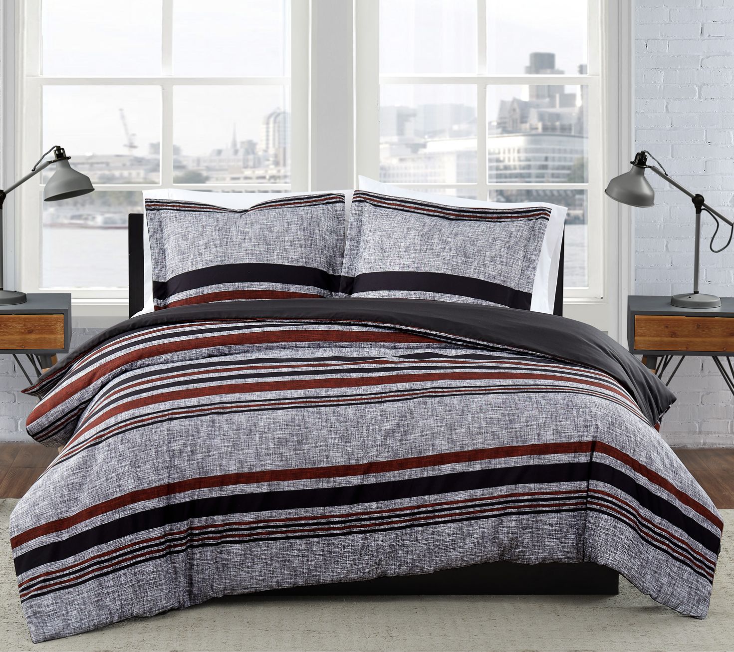 London Fog Warren Stripe King 3Piece ComforterSet