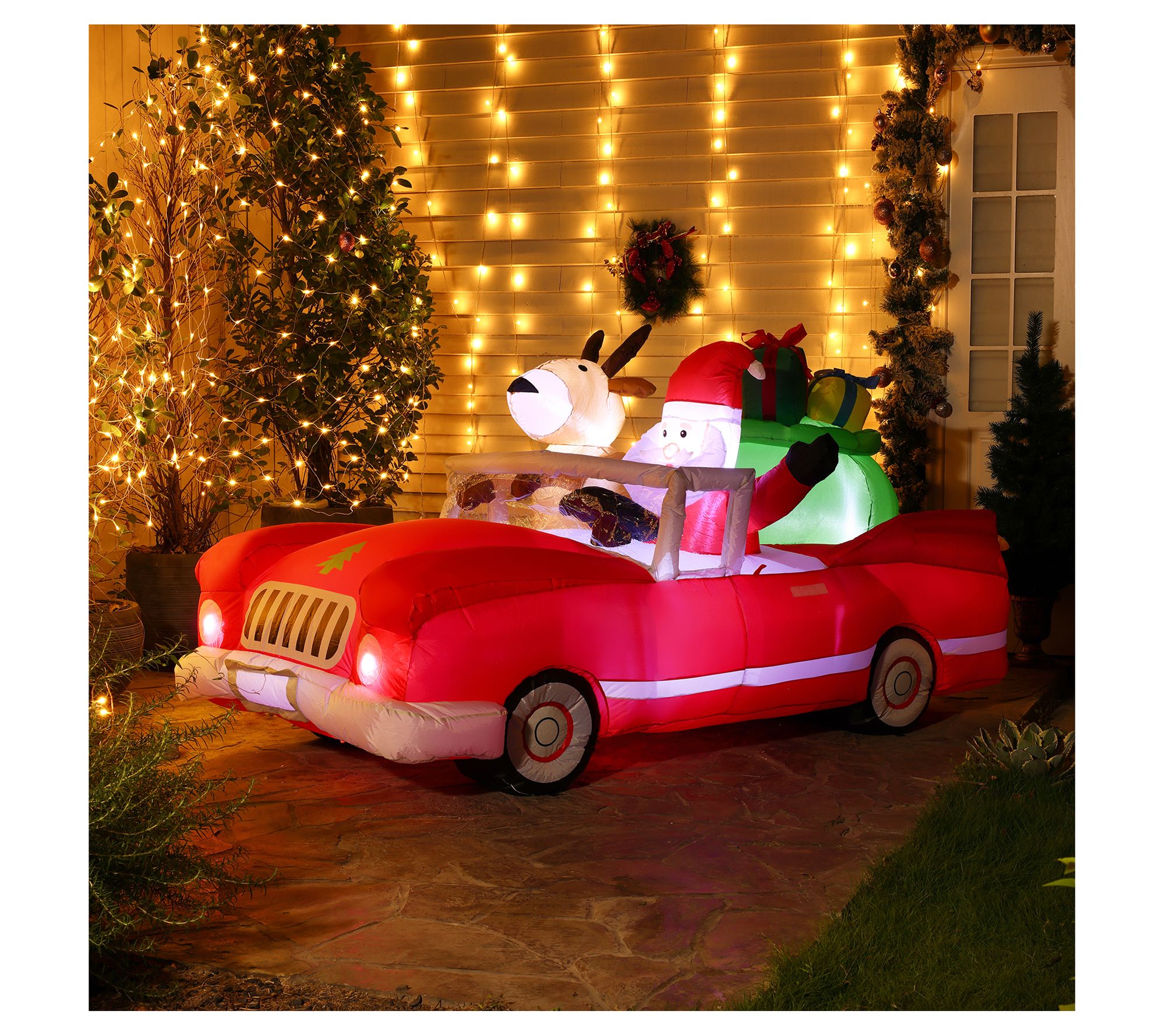 LuxenHome 8'L Santa in Red Car Outdoor Inflatable - QVC.com