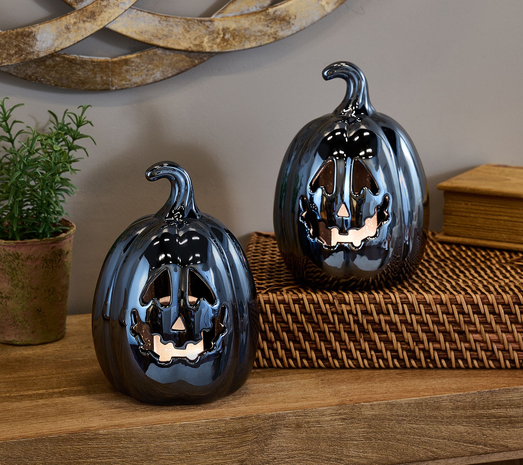 Set of 2 7" Illuminated Ceramic Jack-O-Lanterns by Valerie
