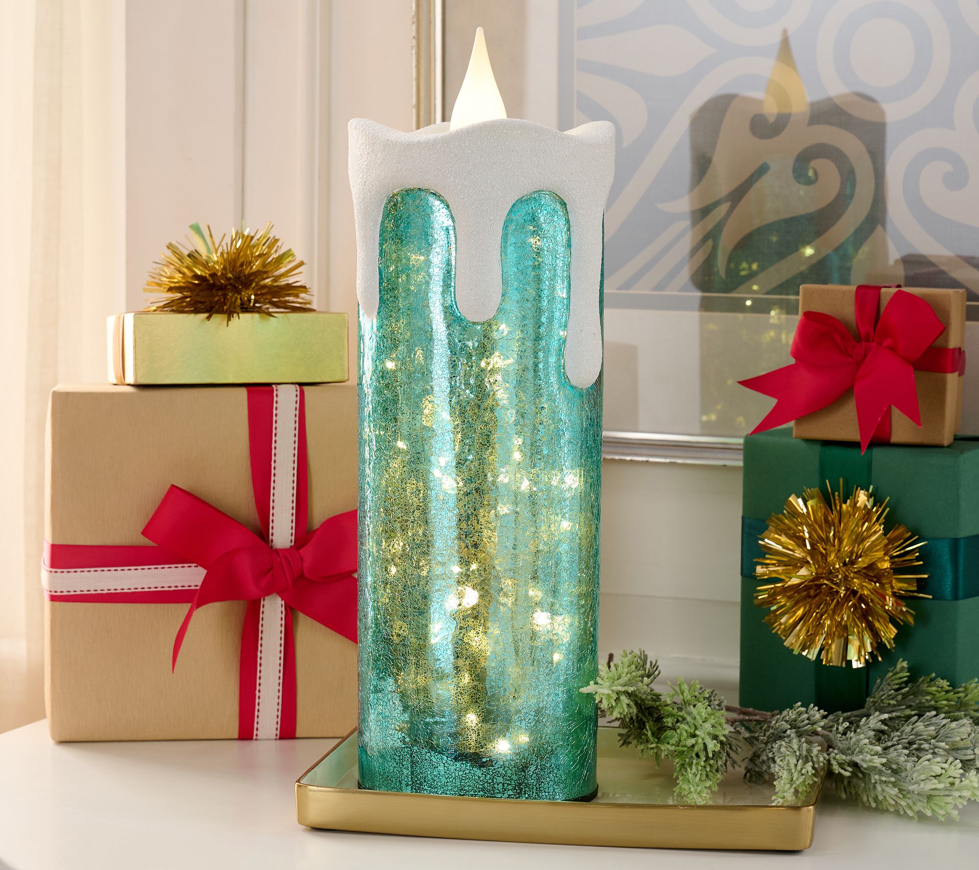 18" Oversized Mercury Glass Candle w/ Snow Accent & Remote by Valerie