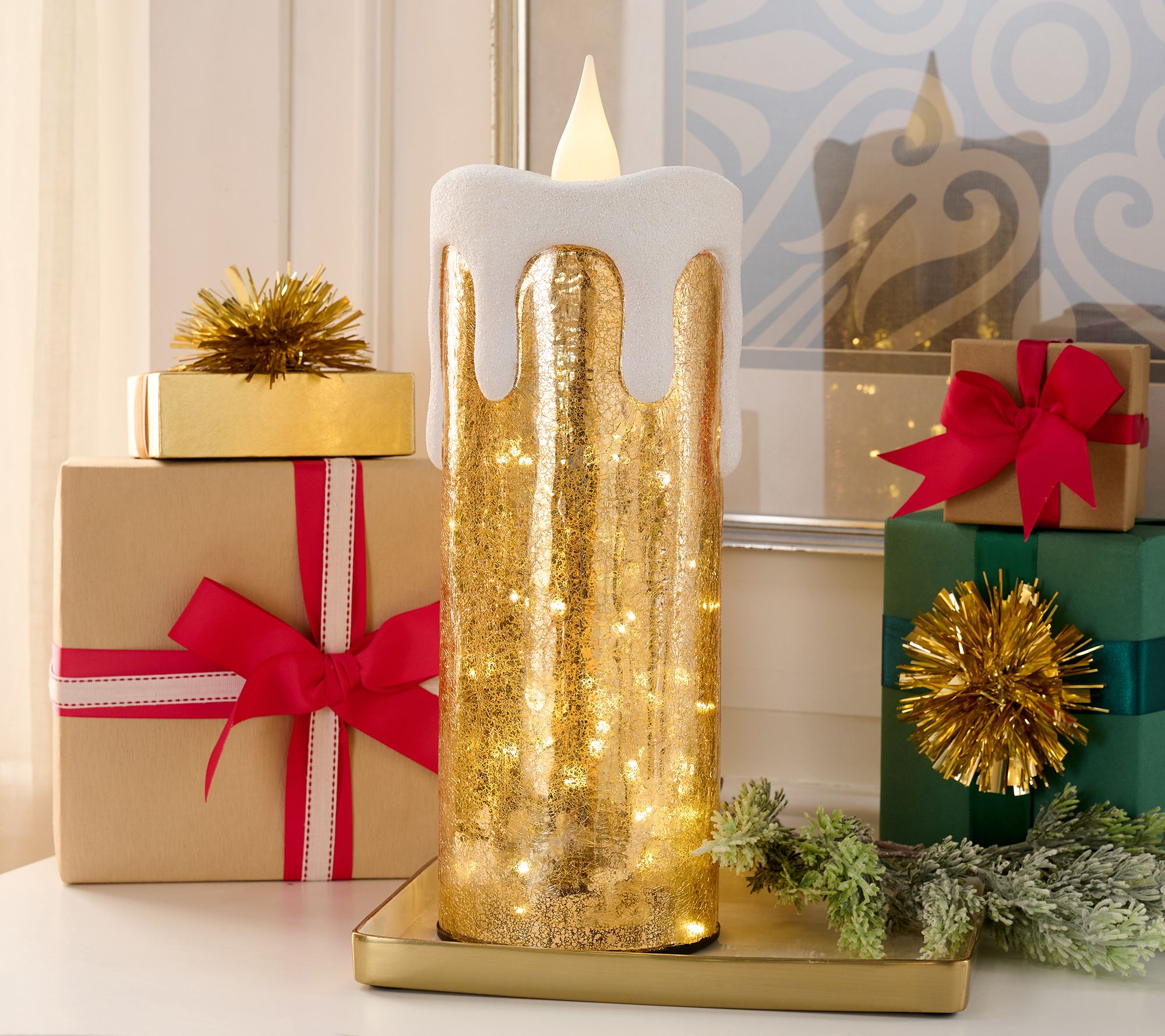 18" Oversized Mercury Glass Candle w/ Snow Accent & Remote by Valerie