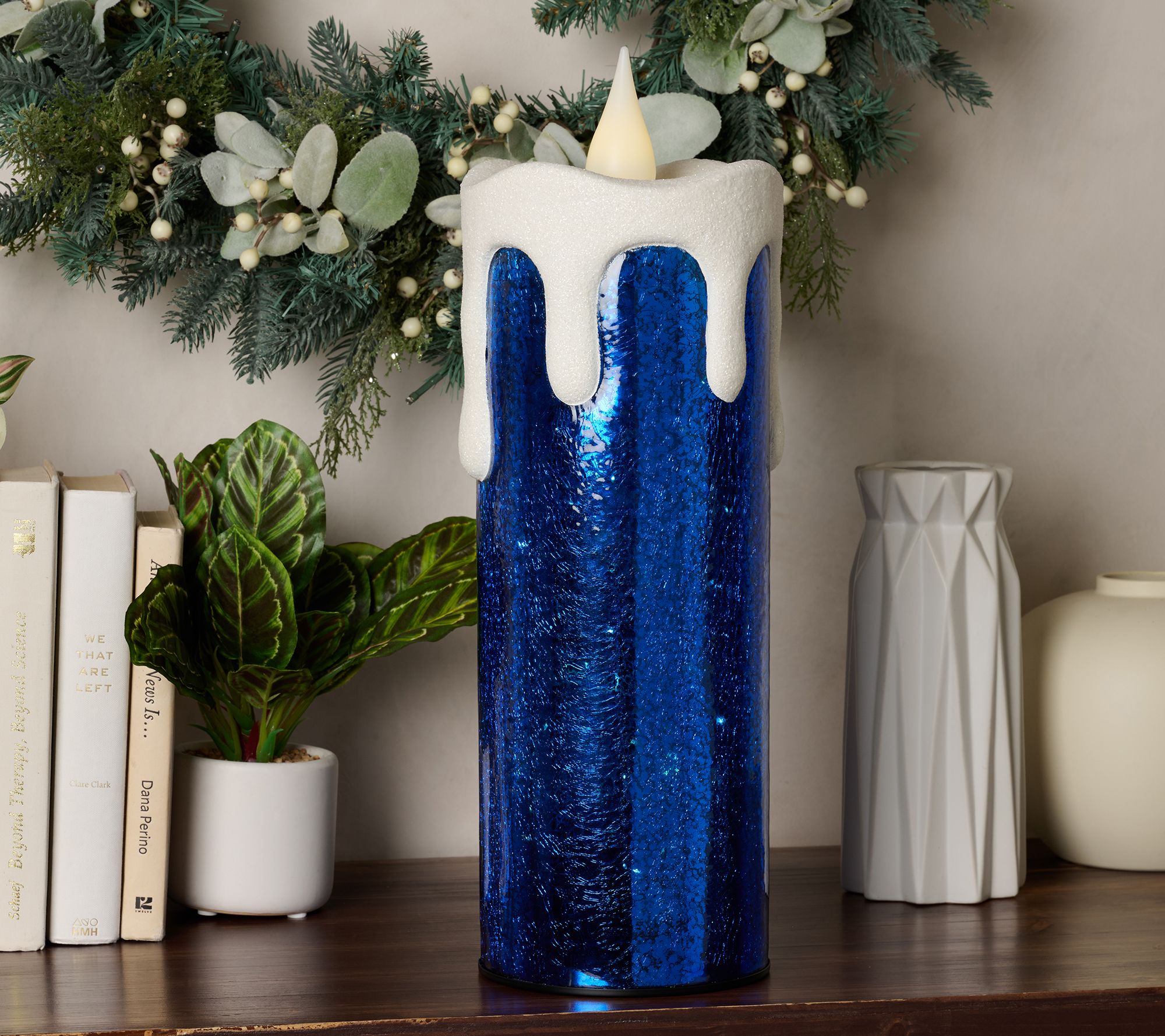 18" Oversized Mercury Glass Candle w/ Snow Accent & Remote by Valerie