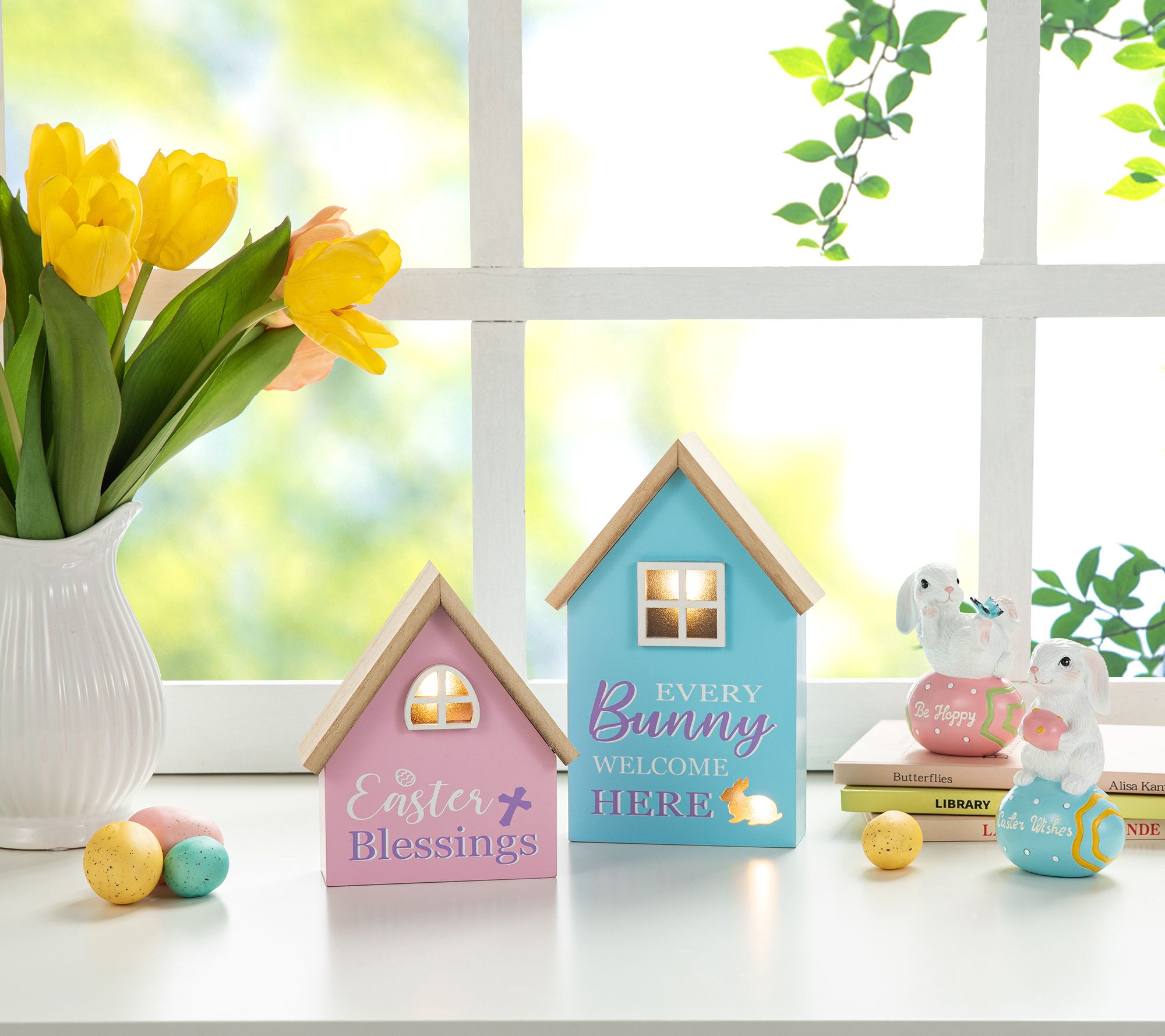 Glitzhome Glowing Window Lighted Easter HousesTable Decor S/2