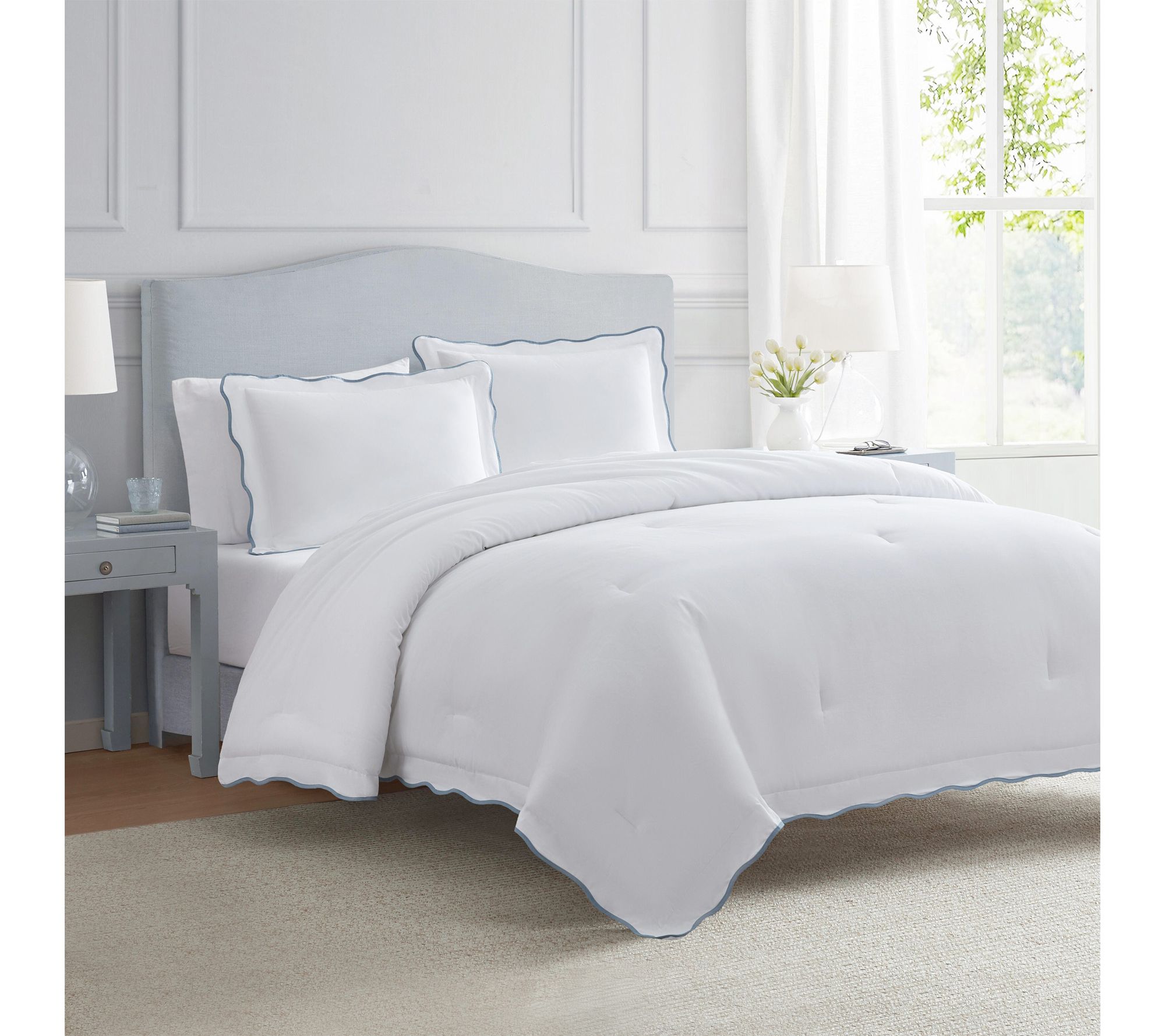 Martha Stewart Simple Scallop Blue Cotton KingDuvet Set