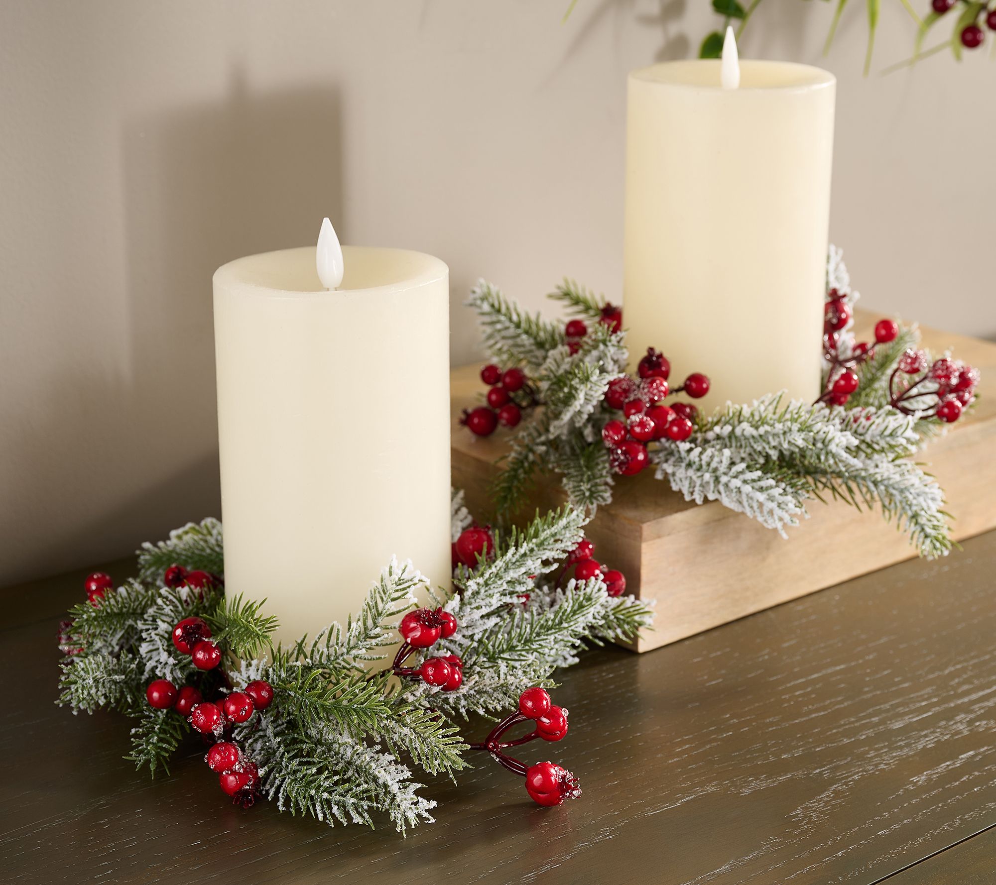 "As Is" Set of 2 Snowy Pine and Berry Candle Rings by Valerie