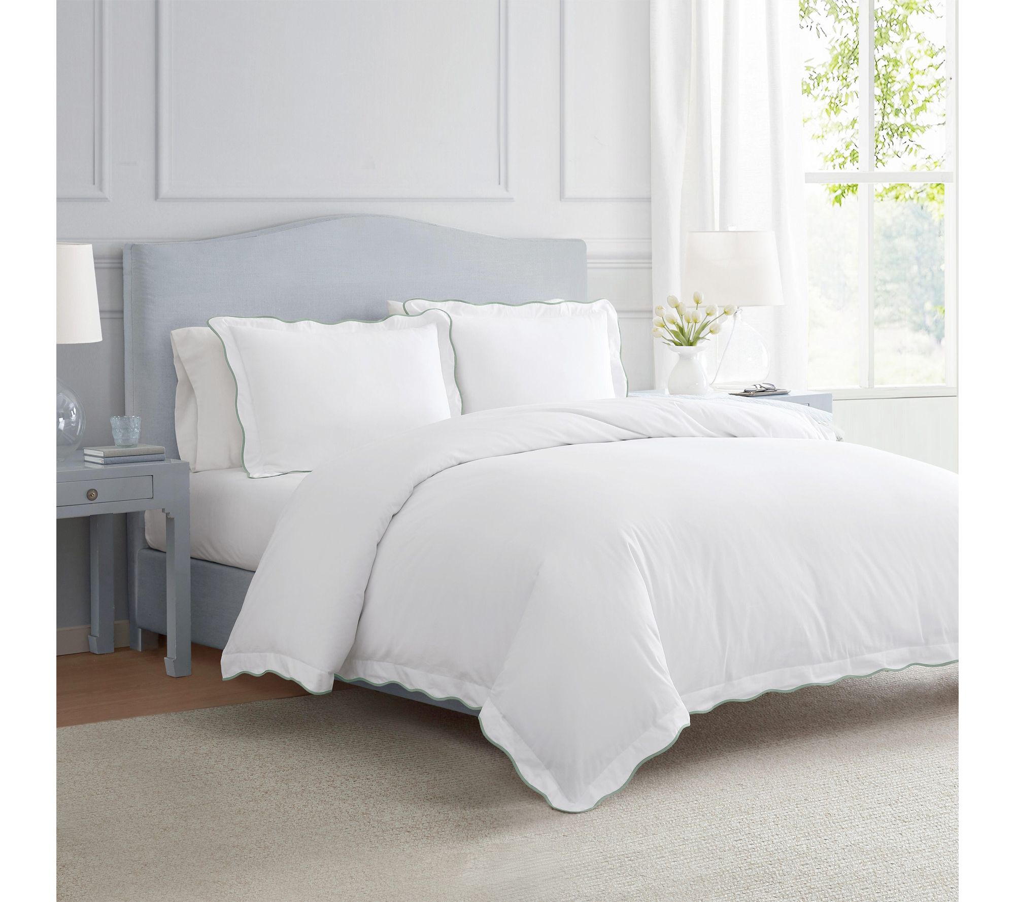 Martha Stewart Simple Scallop White/Grey CottonKing Duvet Set