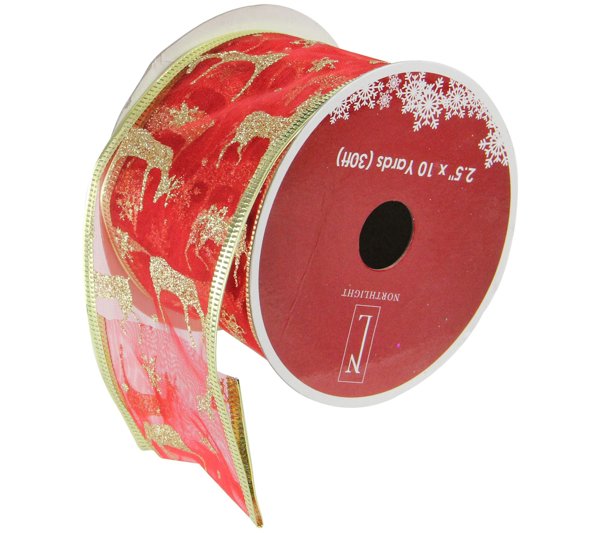 Northlight Pack of 12 Red and Gold Reindeer Rib bon 2.5" x 120