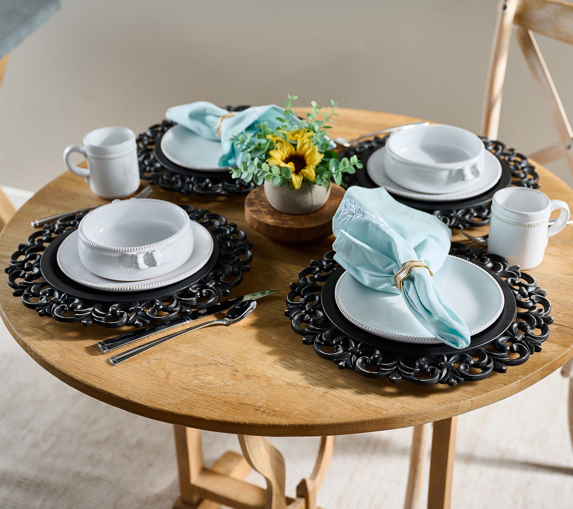 Set of 4 13" Wooden Chargers with Scroll Design by Valerie