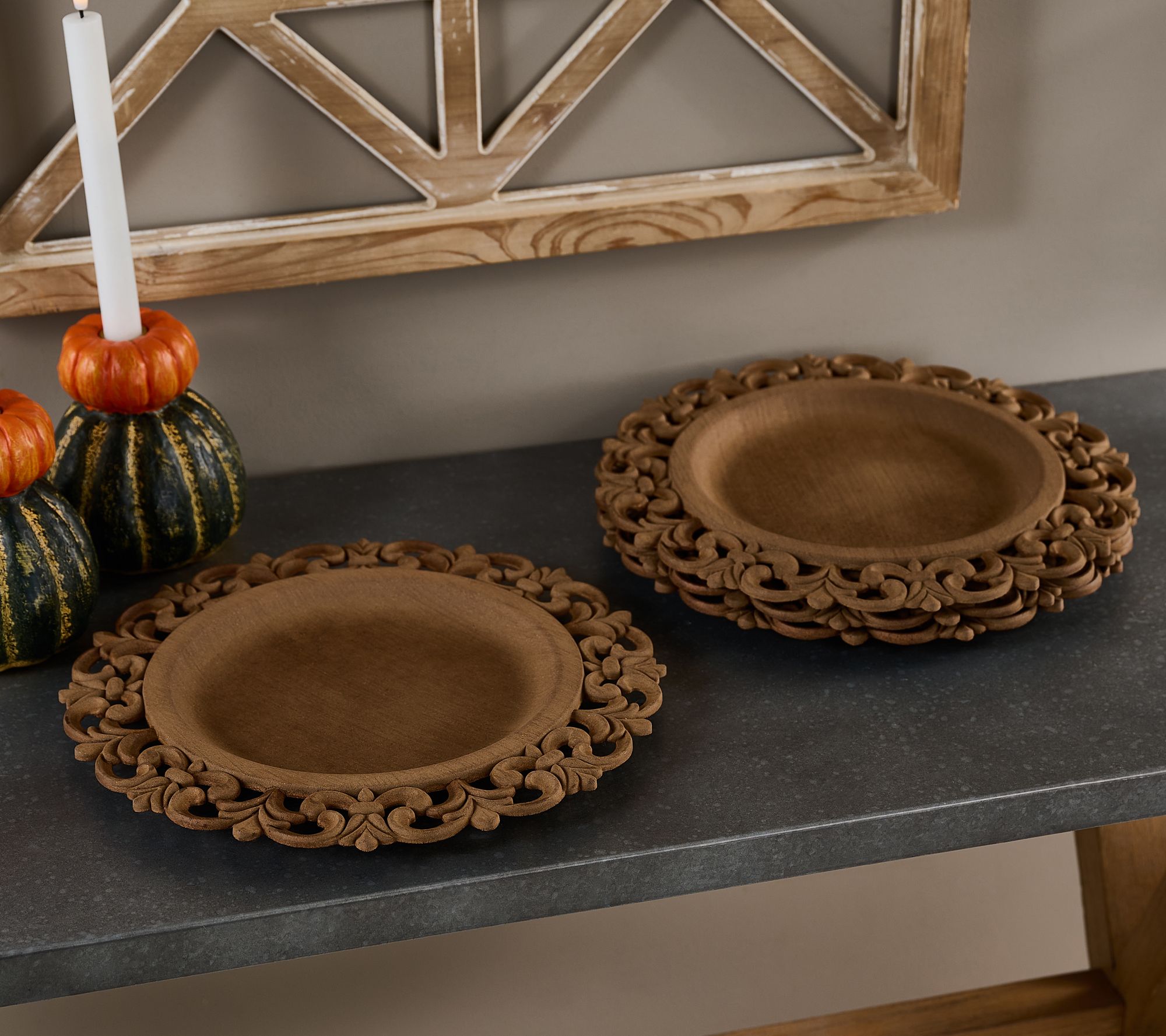 Set of 4 13" Wooden Chargers with Scroll Design by Valerie