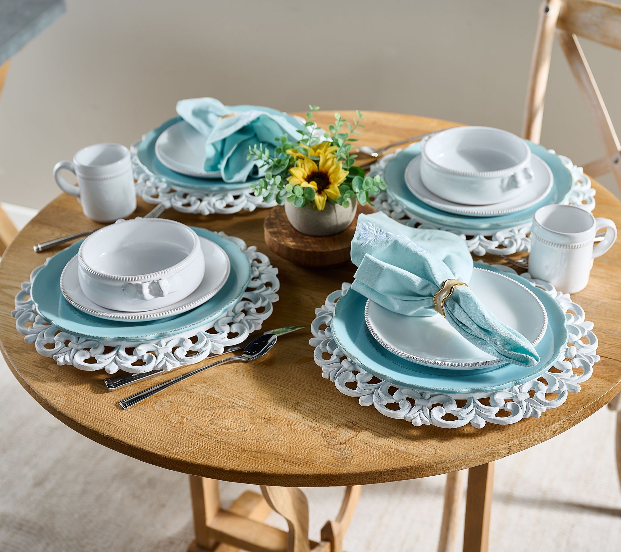 Set of 4 13" Wooden Chargers with Scroll Design by Valerie