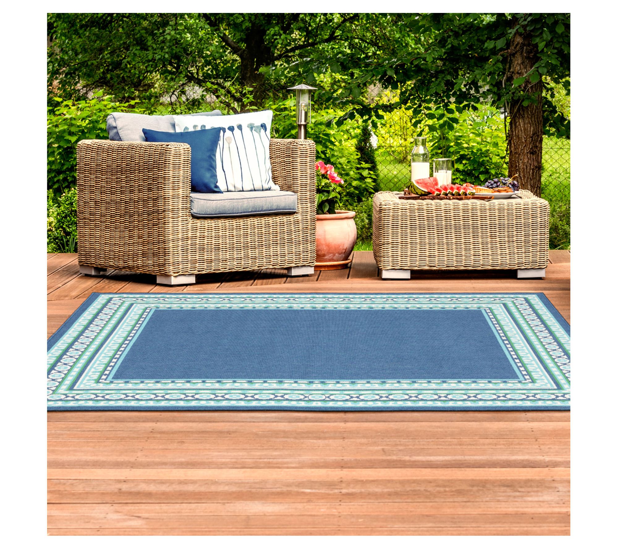 Veranda Living I/O Indigo Blue & Green Border 7'10"x10'10" Ru