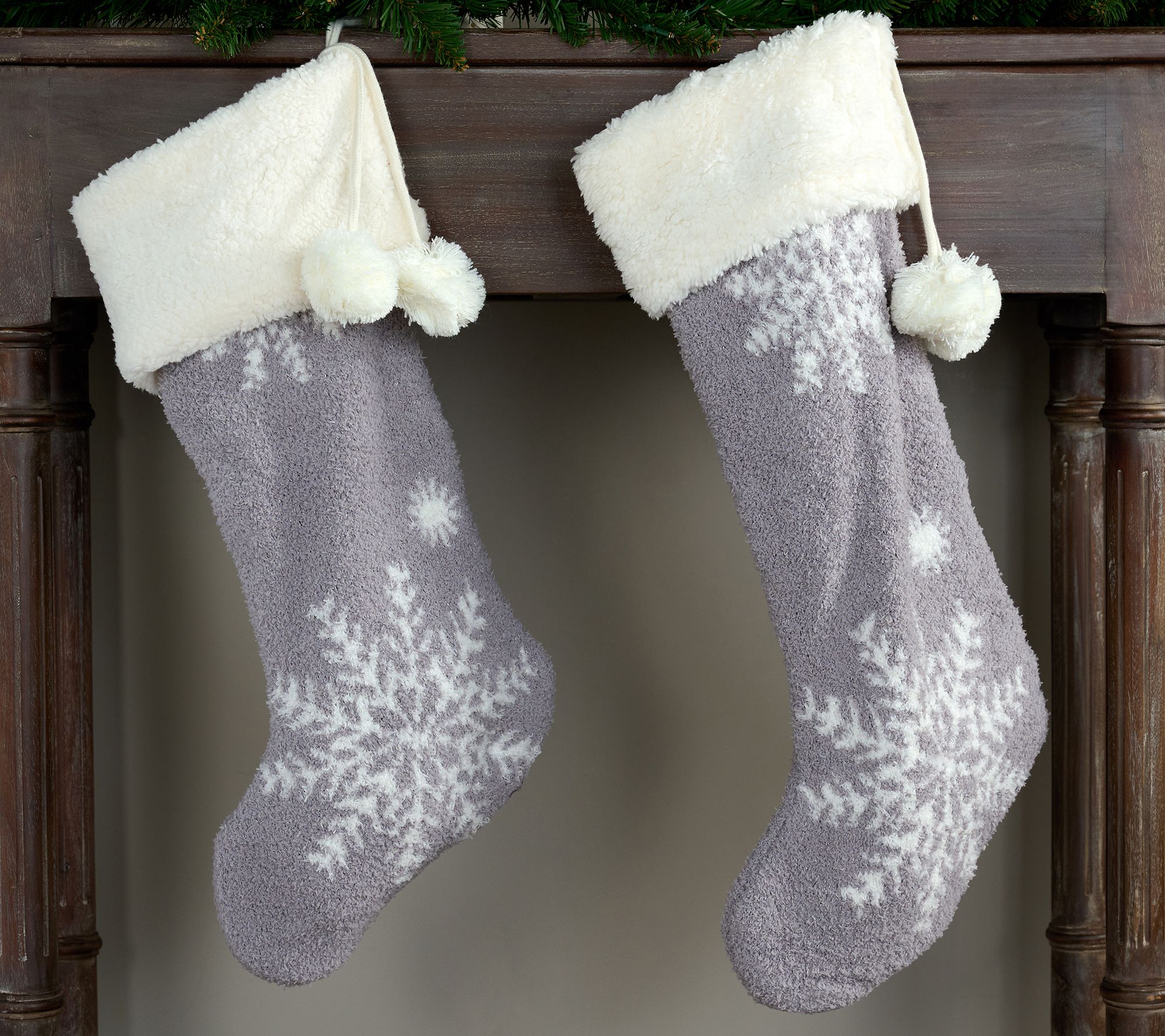 S/2 Snowflake Feather Knit & Sherpa Stockings by Kim Gravel