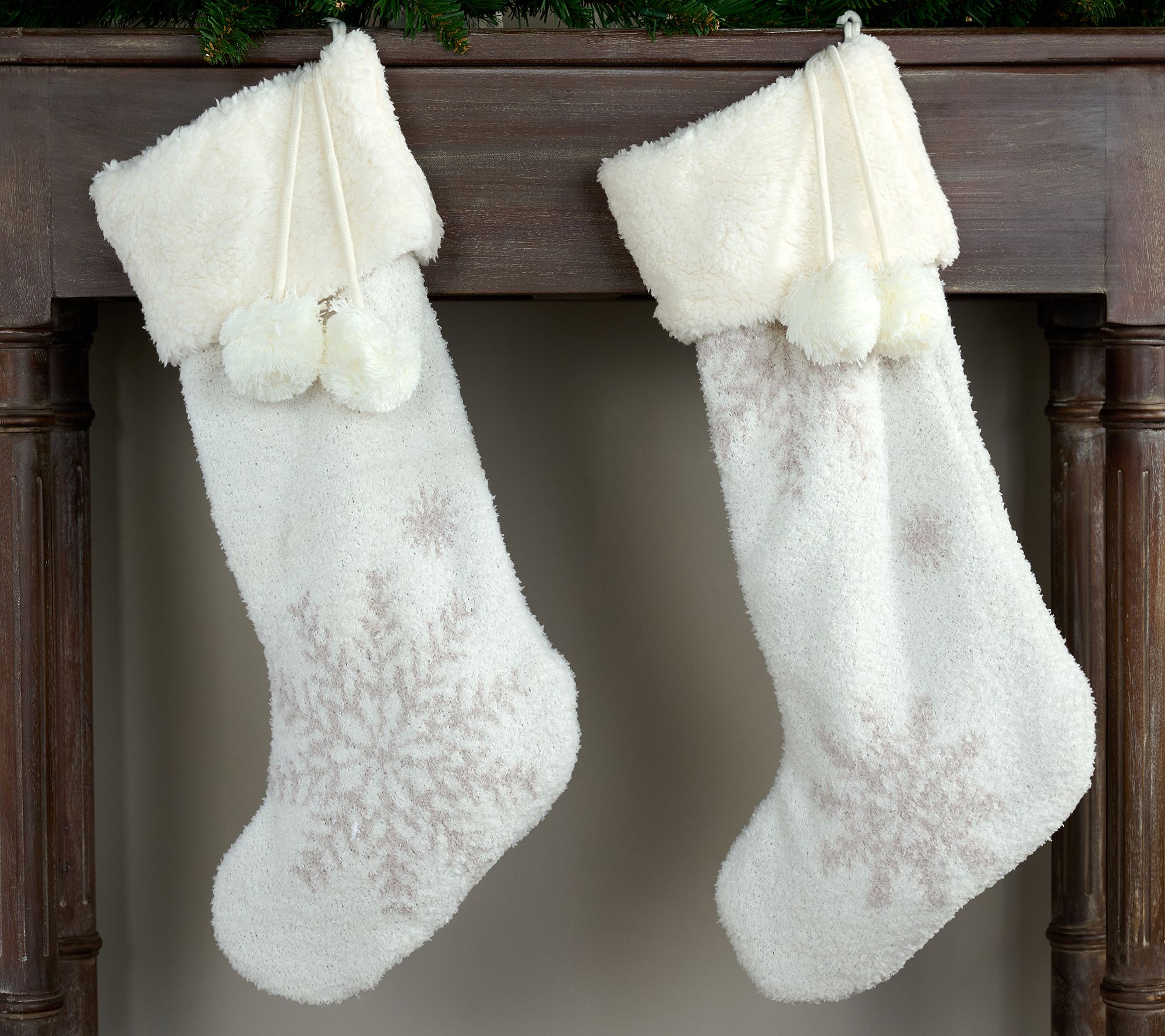 S/2 Snowflake Feather Knit & Sherpa Stockings by Kim Gravel
